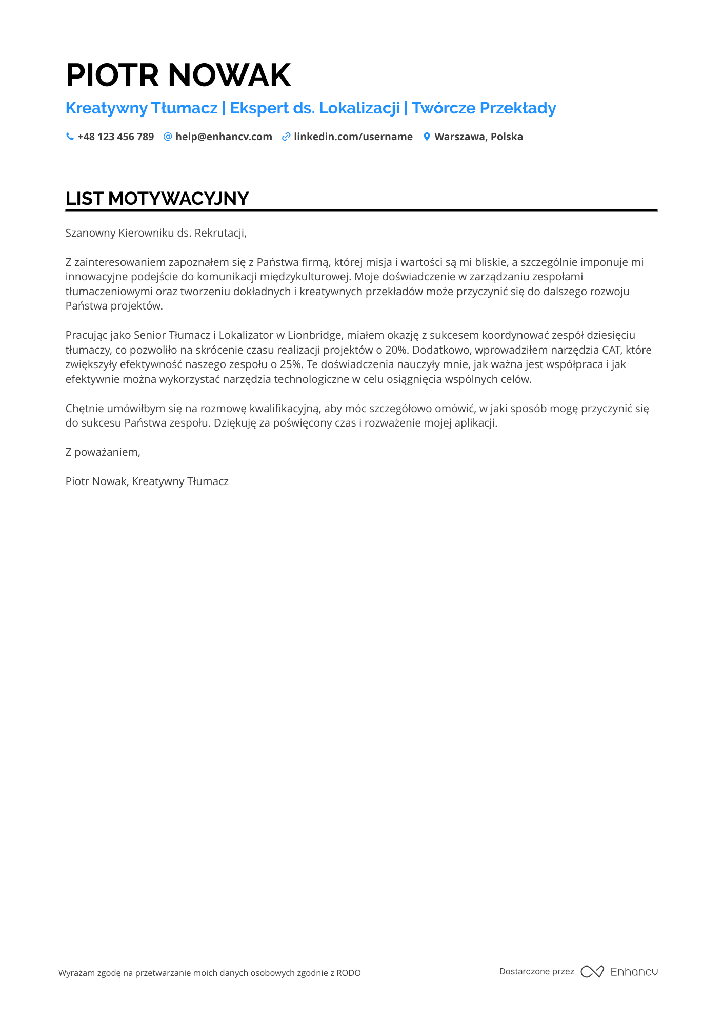List motywacyjny dla Kreatywny Tłumacz Resume Example