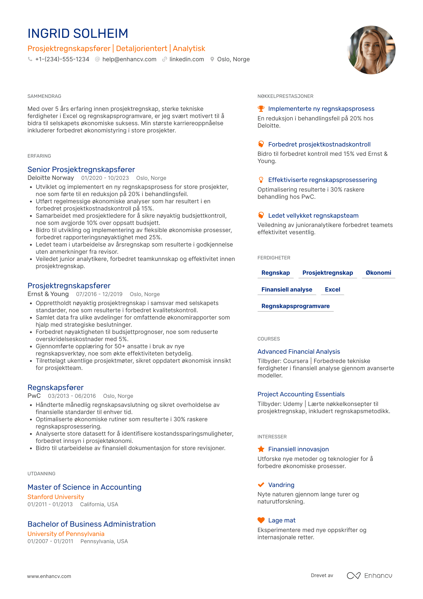 CV for Prosjektregnskapsfører Resume Example