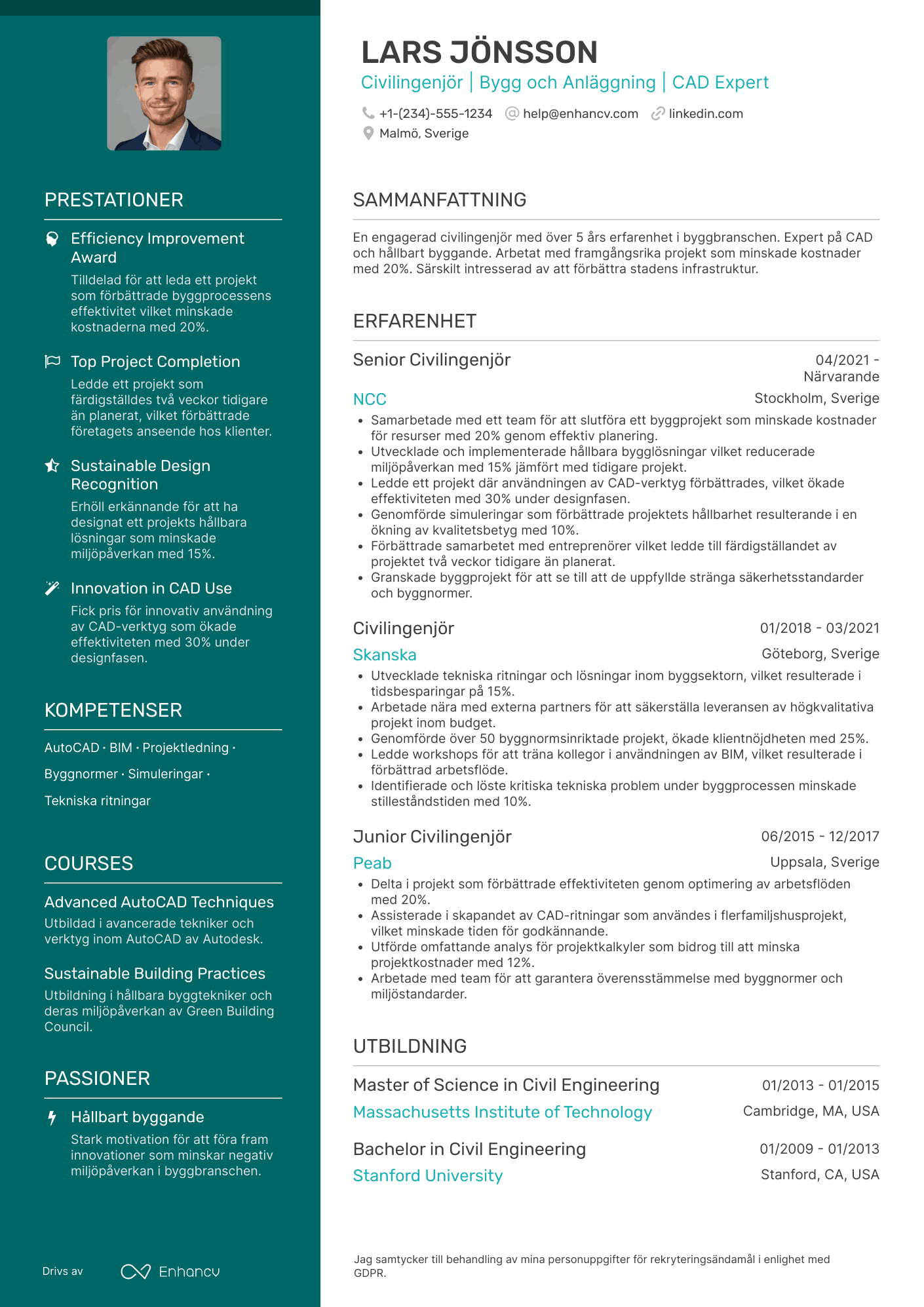 CV för Civilingenjör inom bygg och anläggning Resume Example