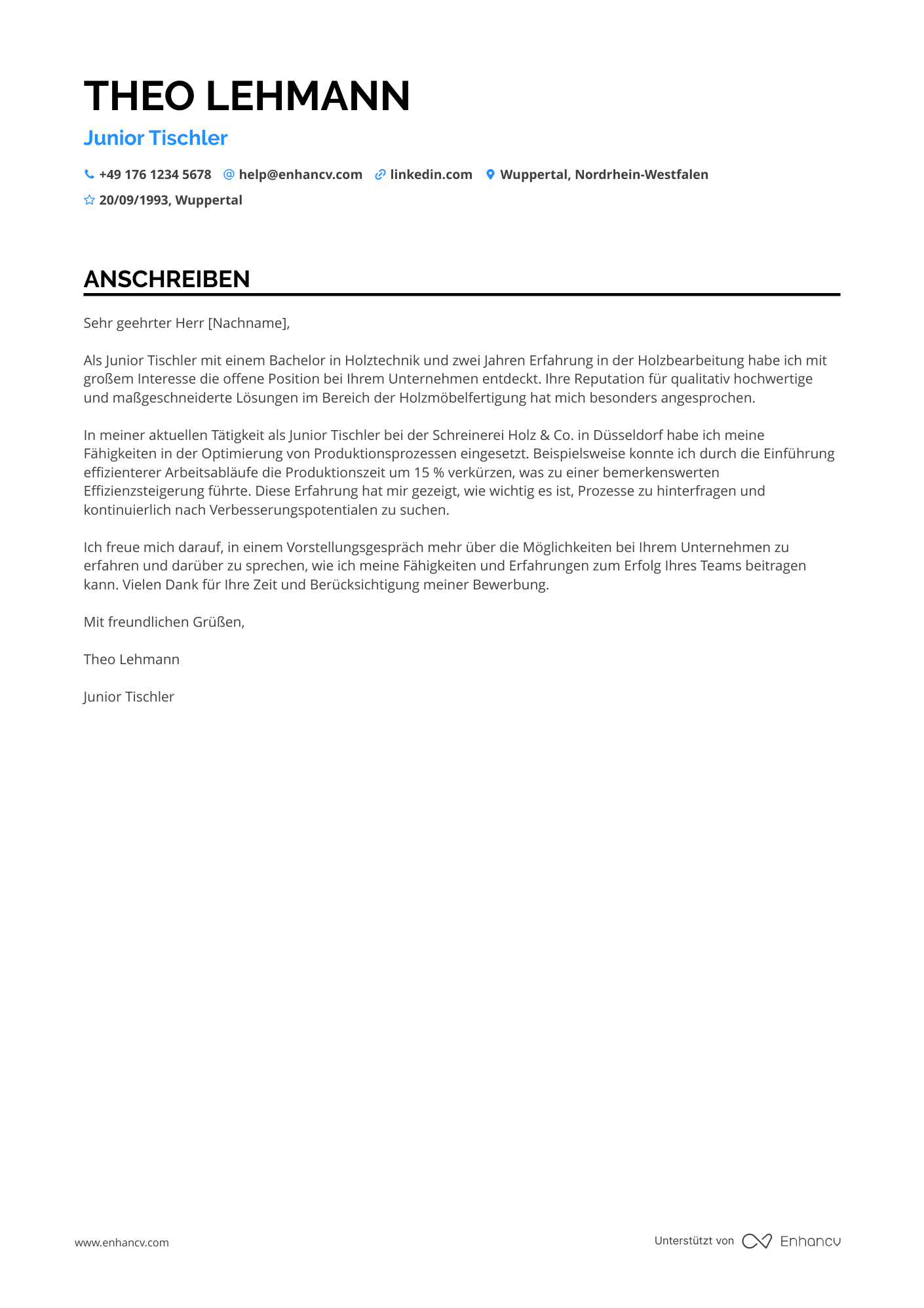 Junior Tischler Resume Example