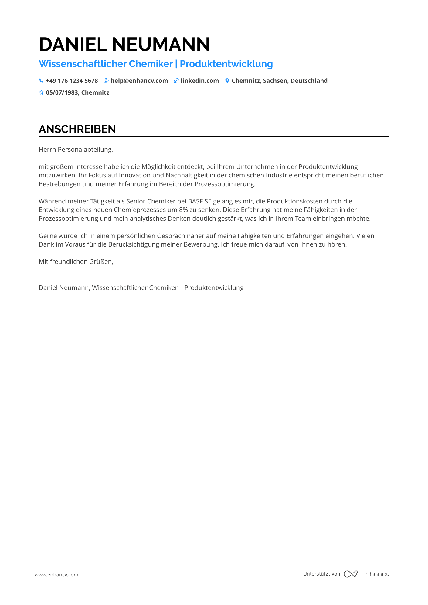 Wissenschaftlicher Chemiker Resume Example