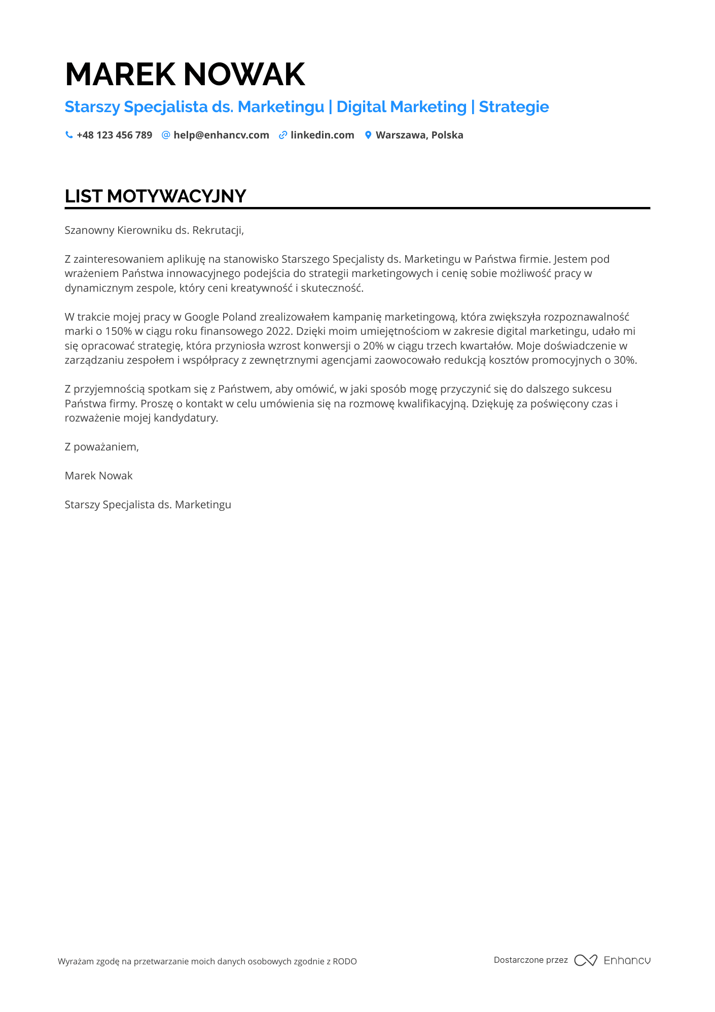 List motywacyjny dla Starszy Specjalista ds. Marketingu Resume Example