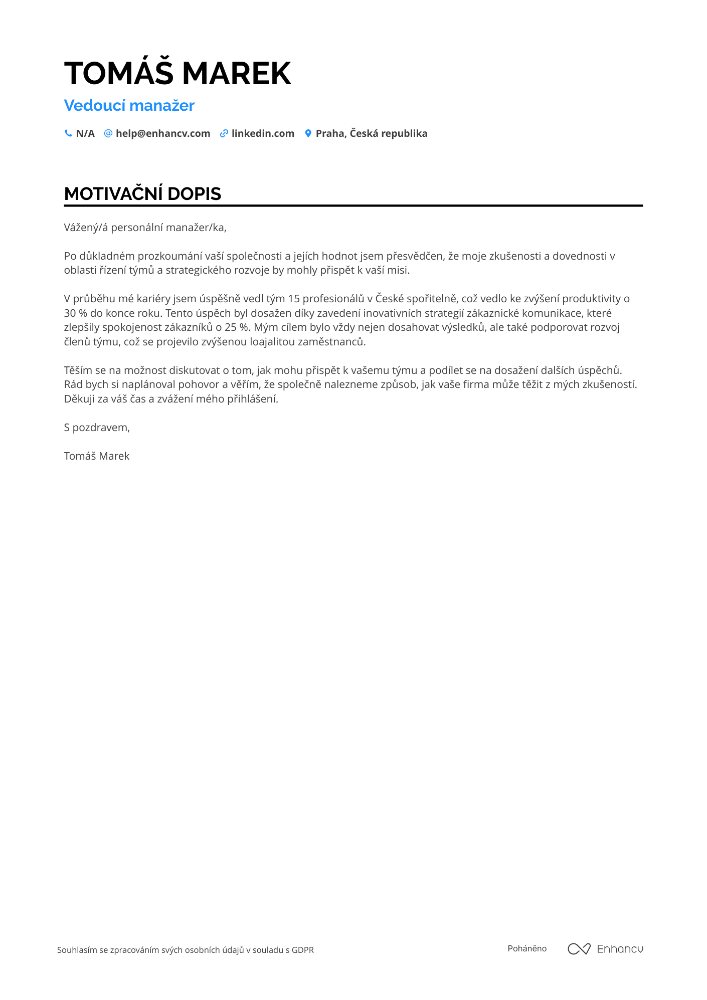 Motivační dopis pro Vedoucí manažer Resume Example