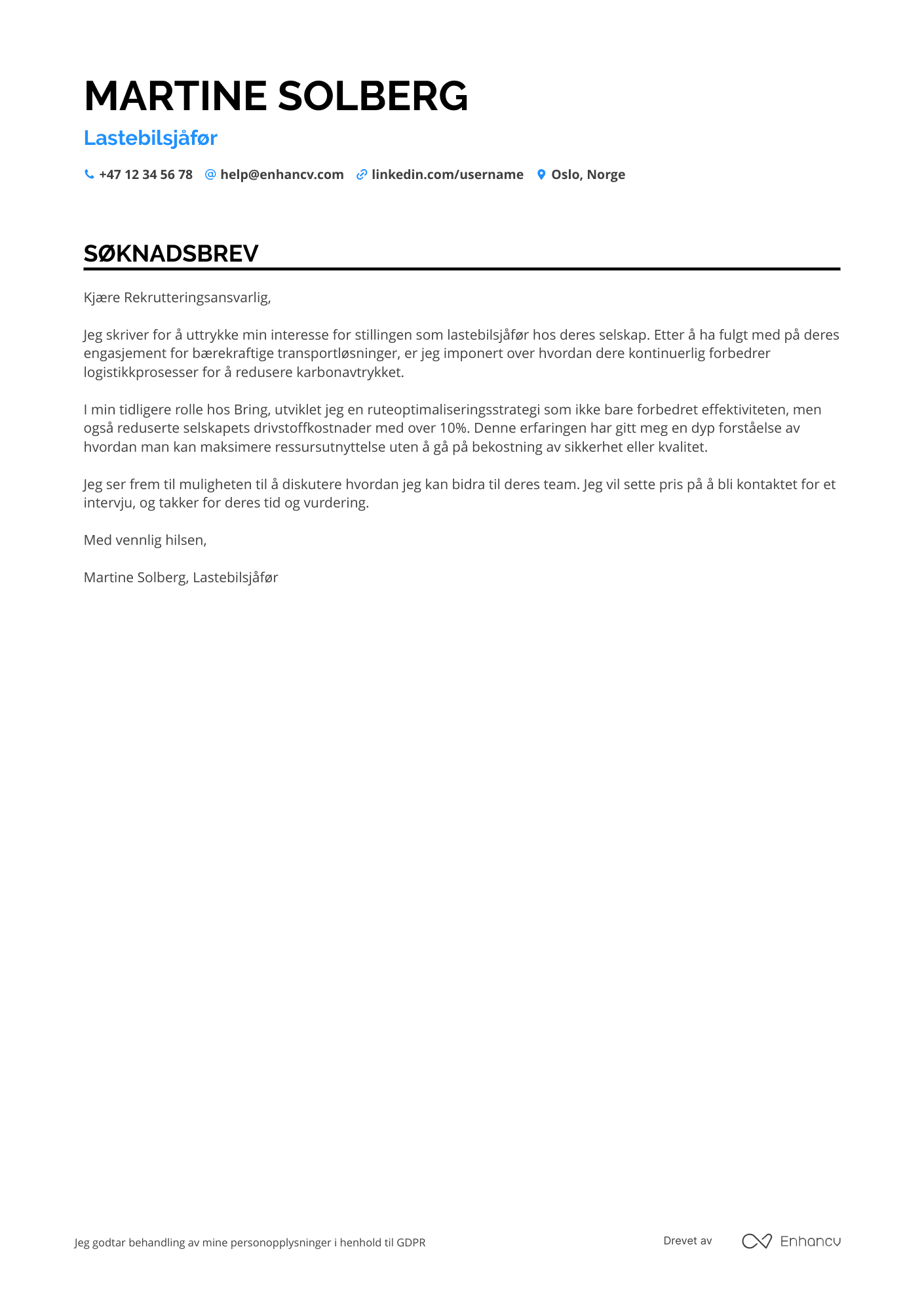 Søknadsbrev for Lastebilsjåfør Resume Example