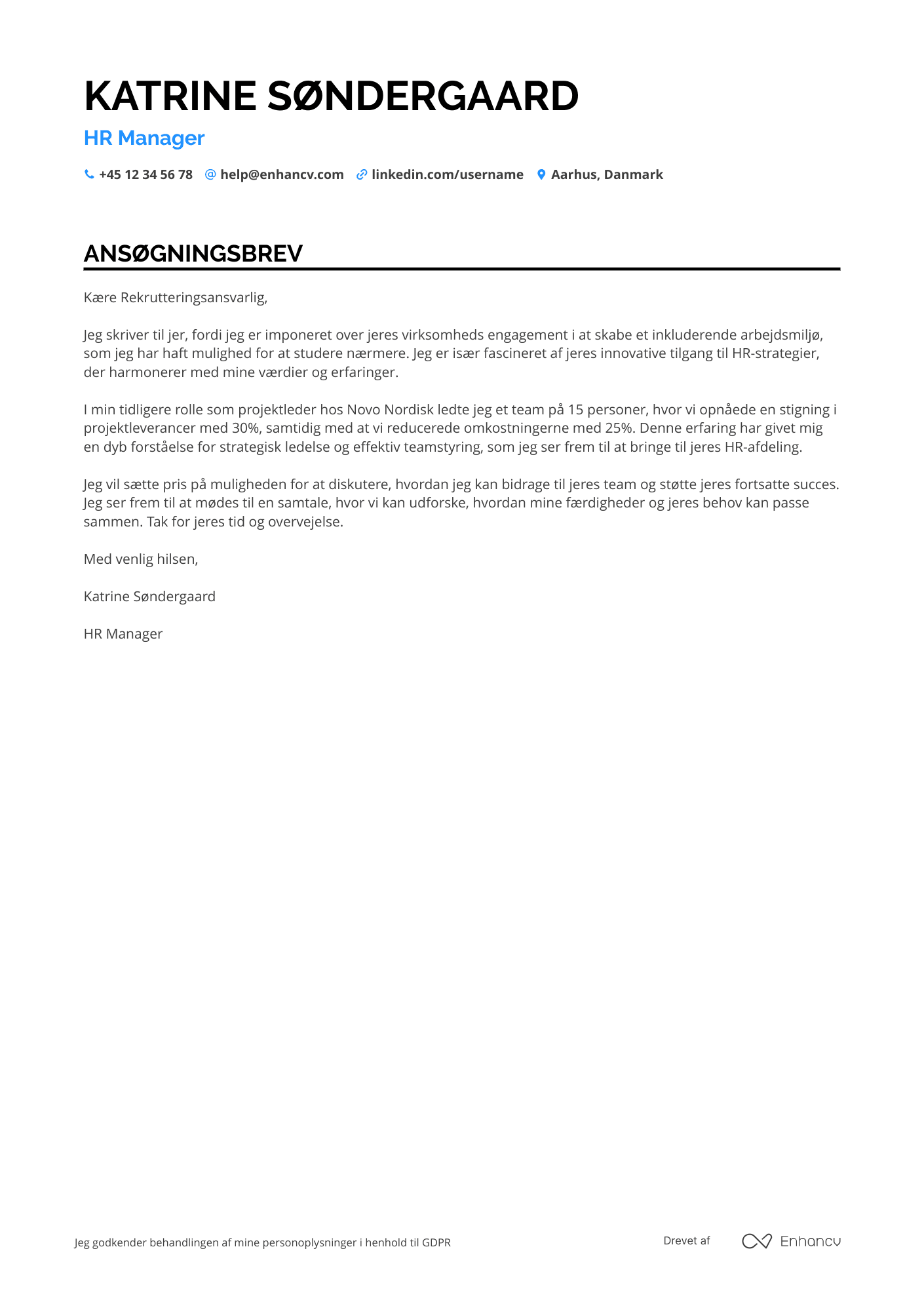 Ansøgningsbrev til Karriereskift HR Manager Resume Example