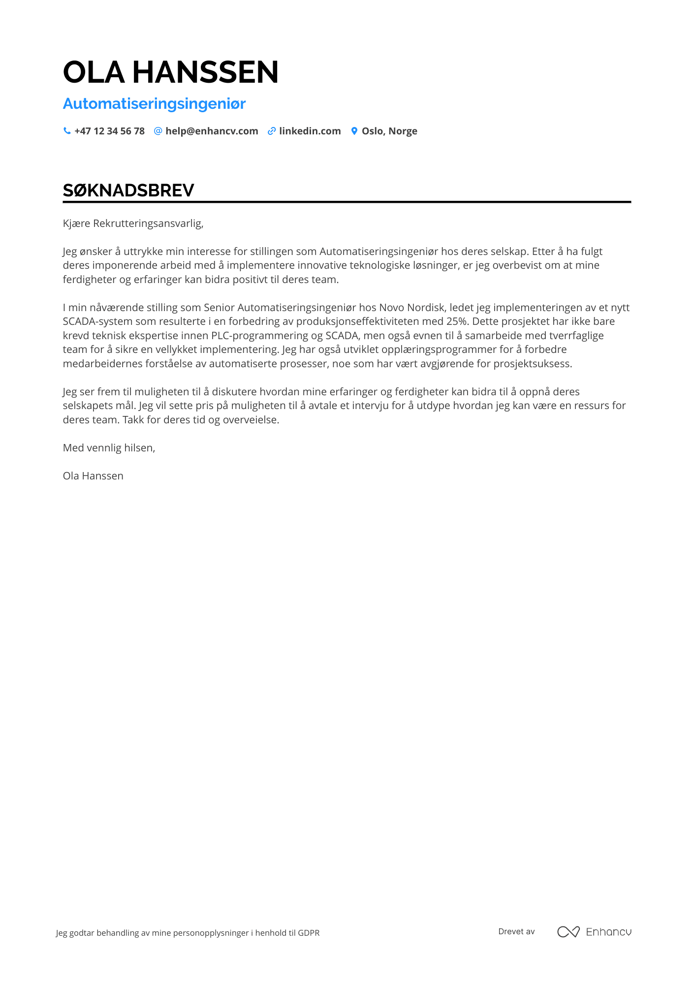 Søknadsbrev for Automatiseringsingeniør Farmasi Resume Example