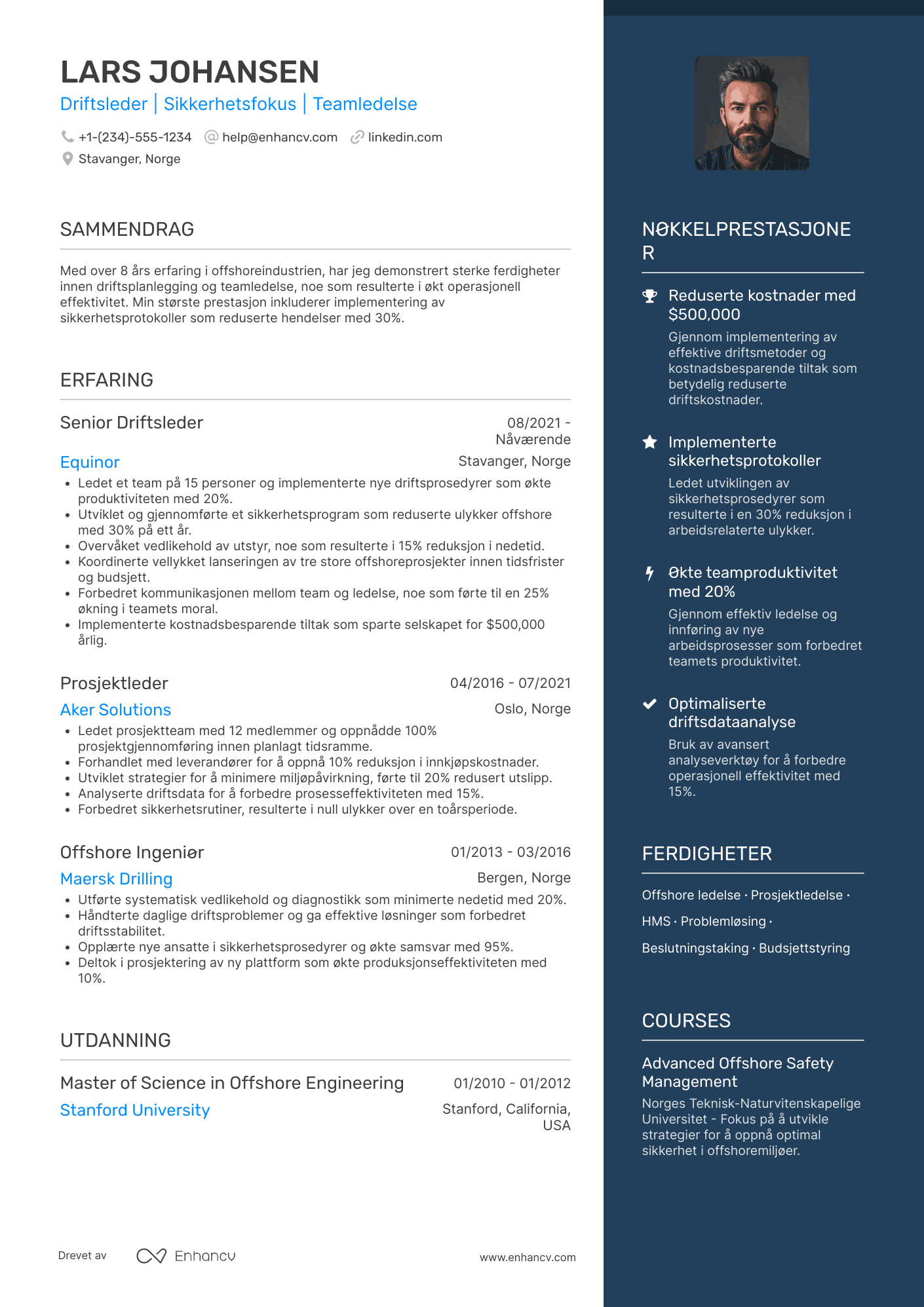 CV for Offshorearbeider – driftsleder Resume Example