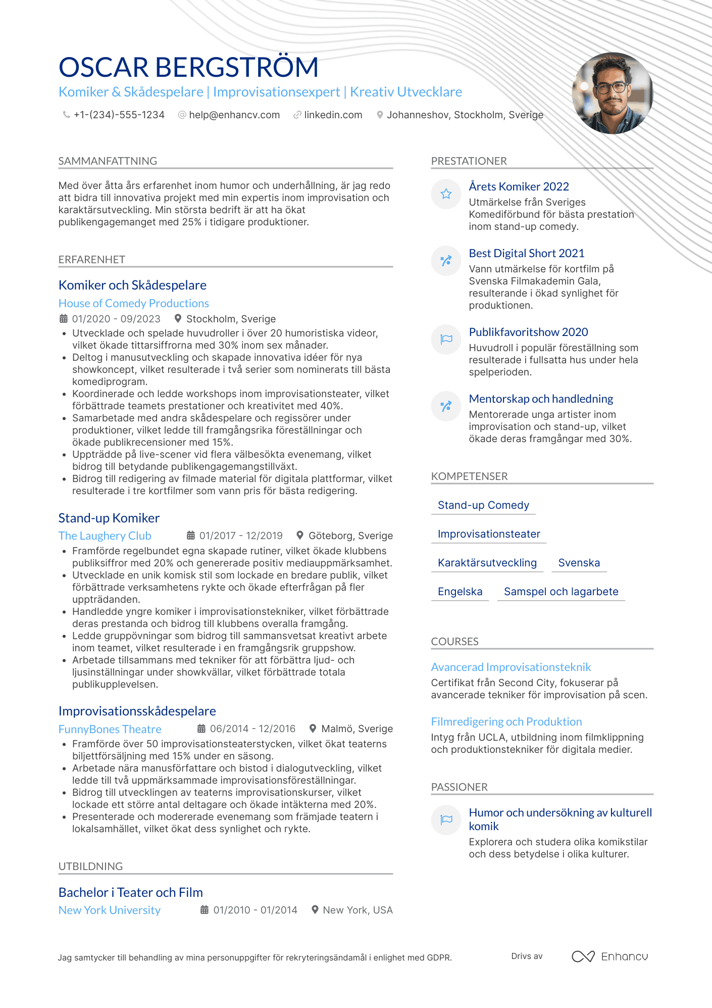 CV för Komiker och skådespelare Resume Example