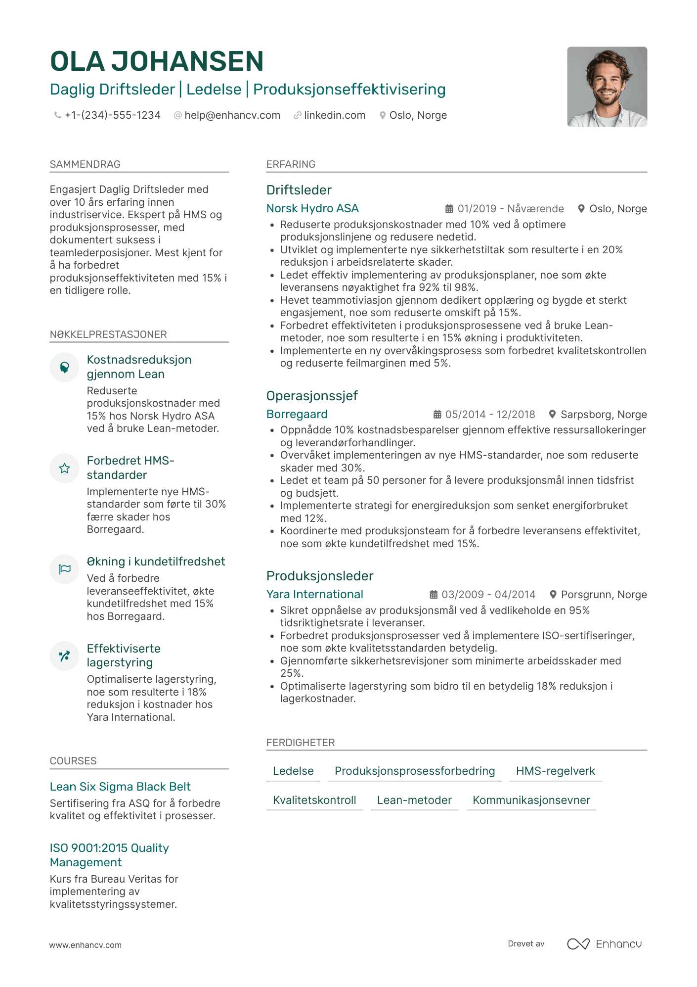 CV for Daglig Driftsleder Resume Example