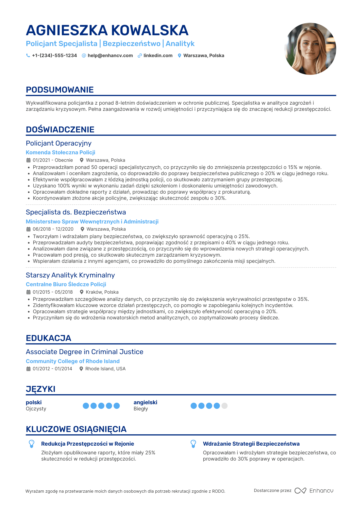 CV dla Policjant Specjalista Resume Example