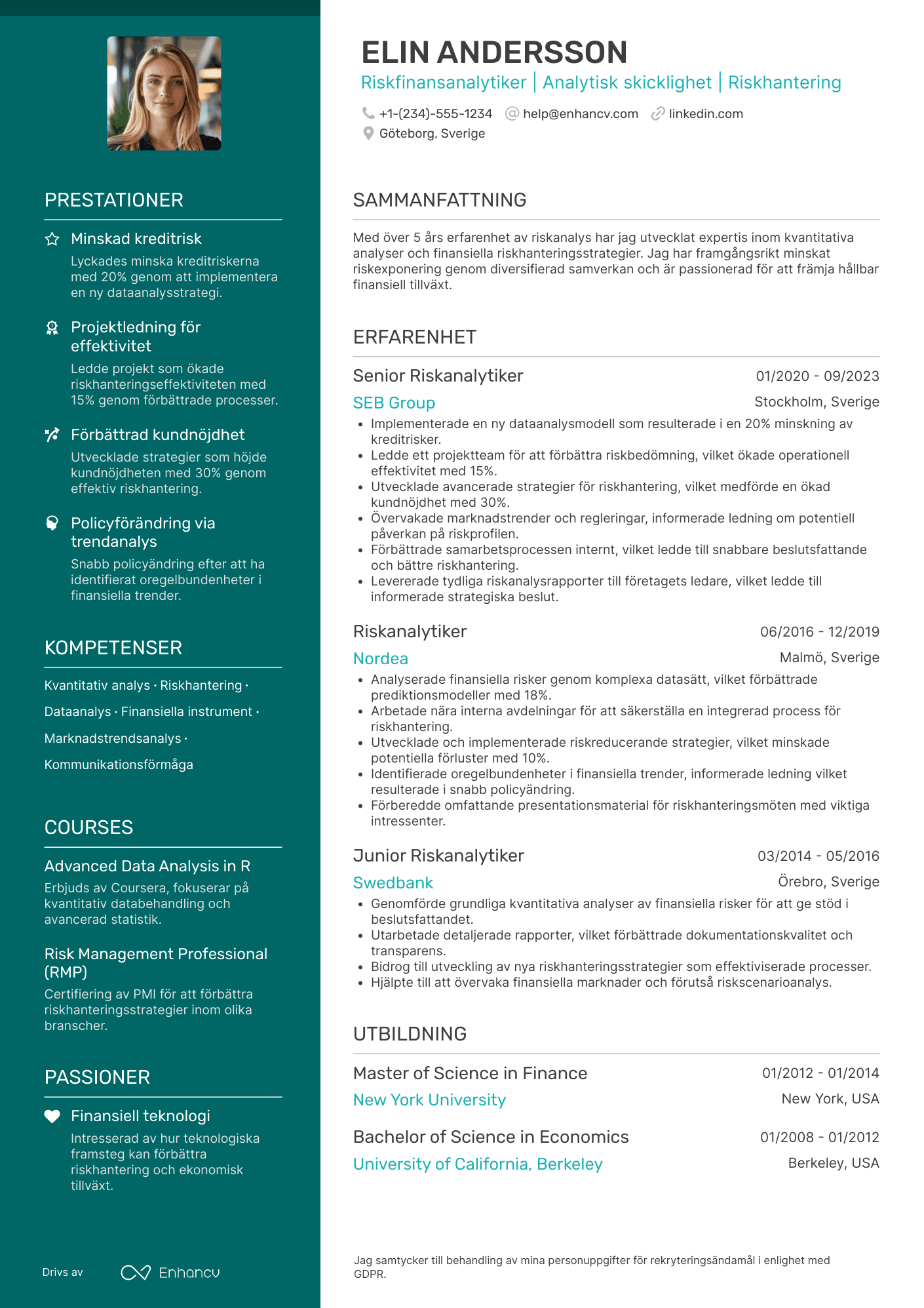CV för Riskfinansanalytiker Resume Example