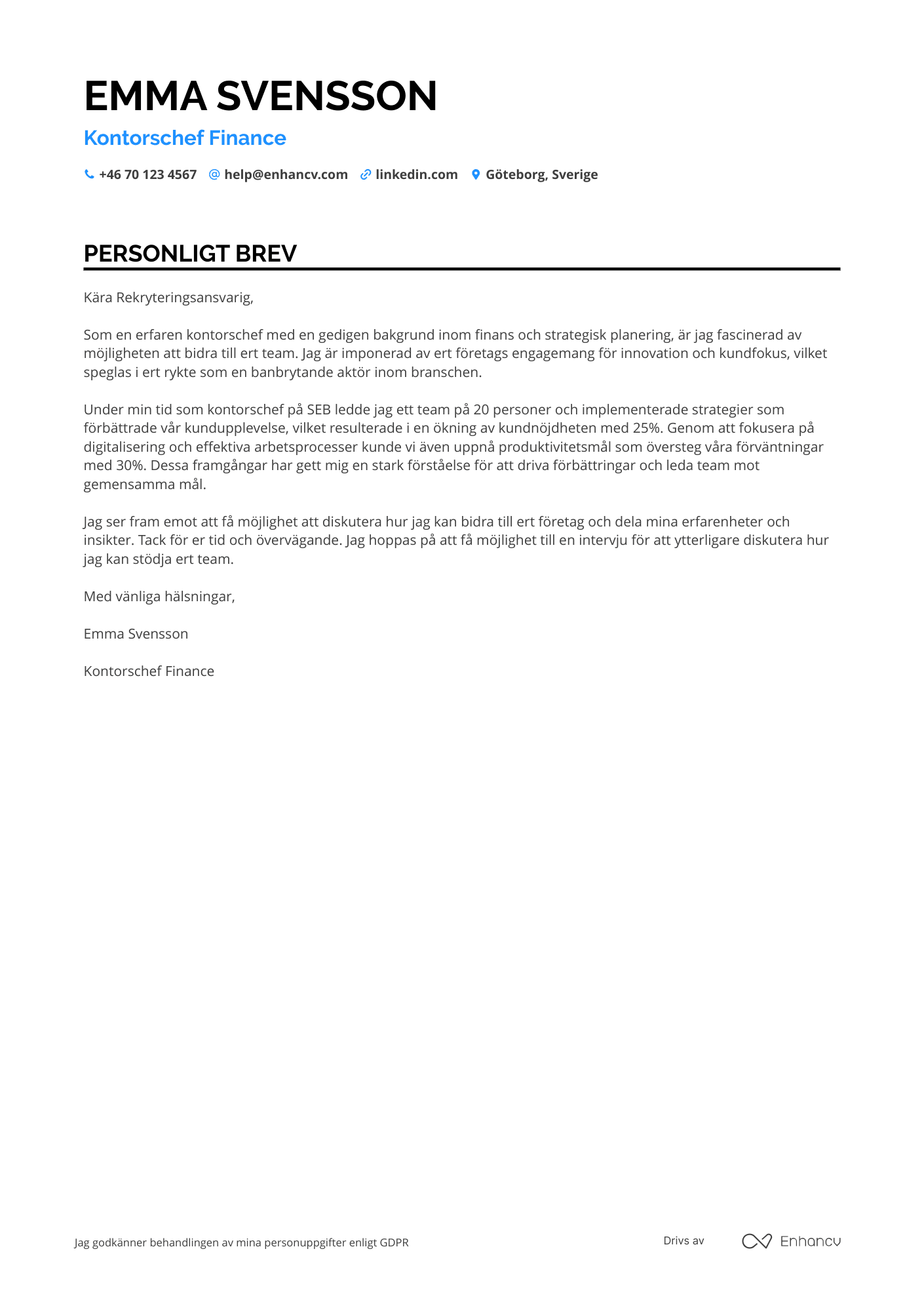 Personligt brev för Kontorschef Finance Resume Example
