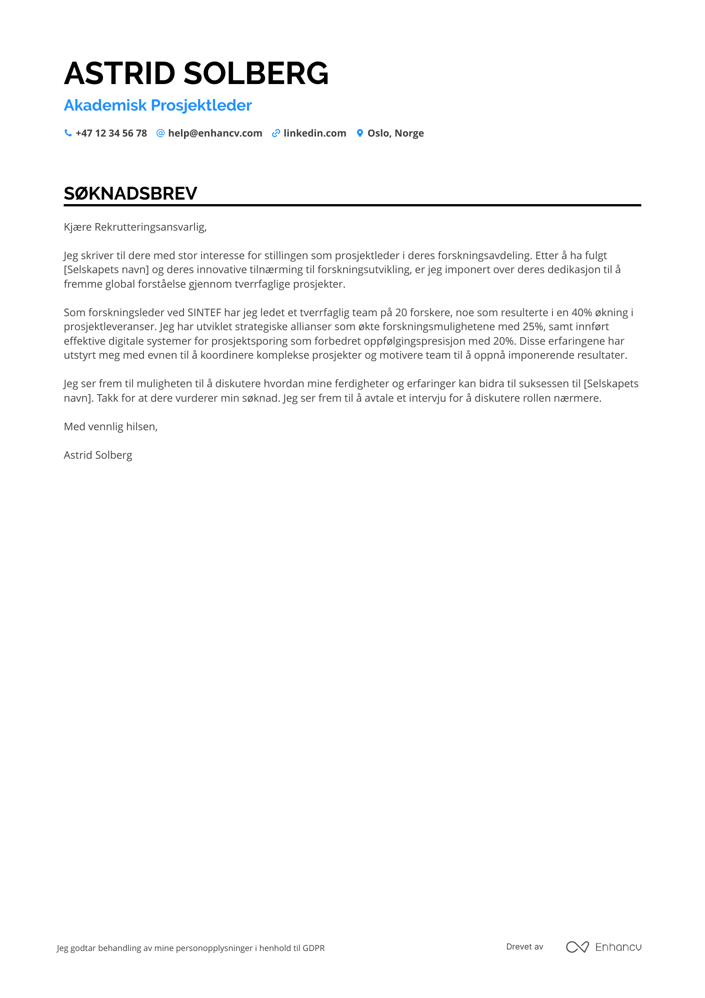 Søknadsbrev for Akademisk Prosjektleder Resume Example