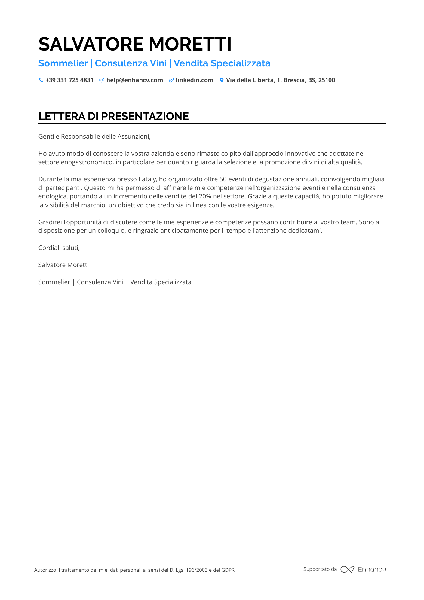 Salumiere di Macelleria Resume Example