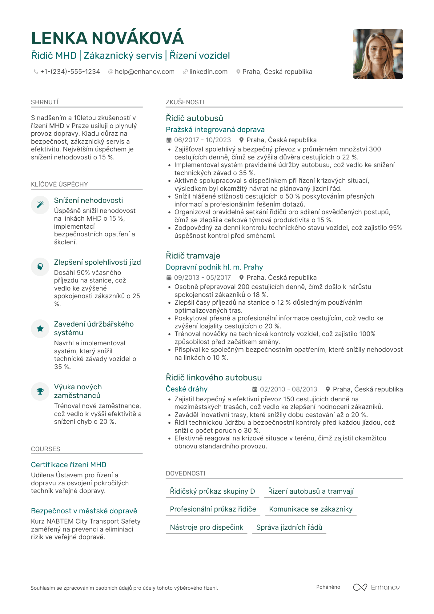 Životopis pro Řidič městské hromadné dopravy Resume Example