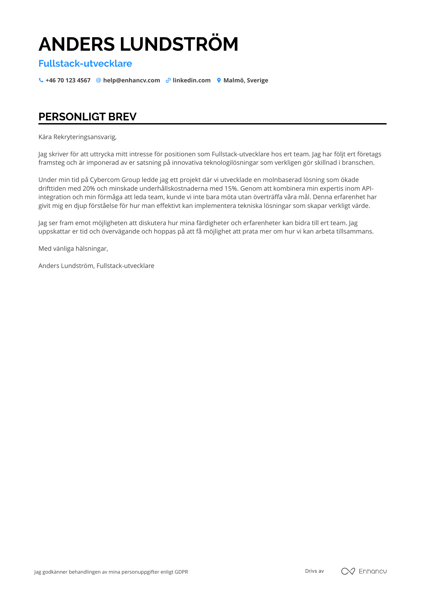 Personligt brev för Mjukvaruutvecklare Fullstack Resume Example