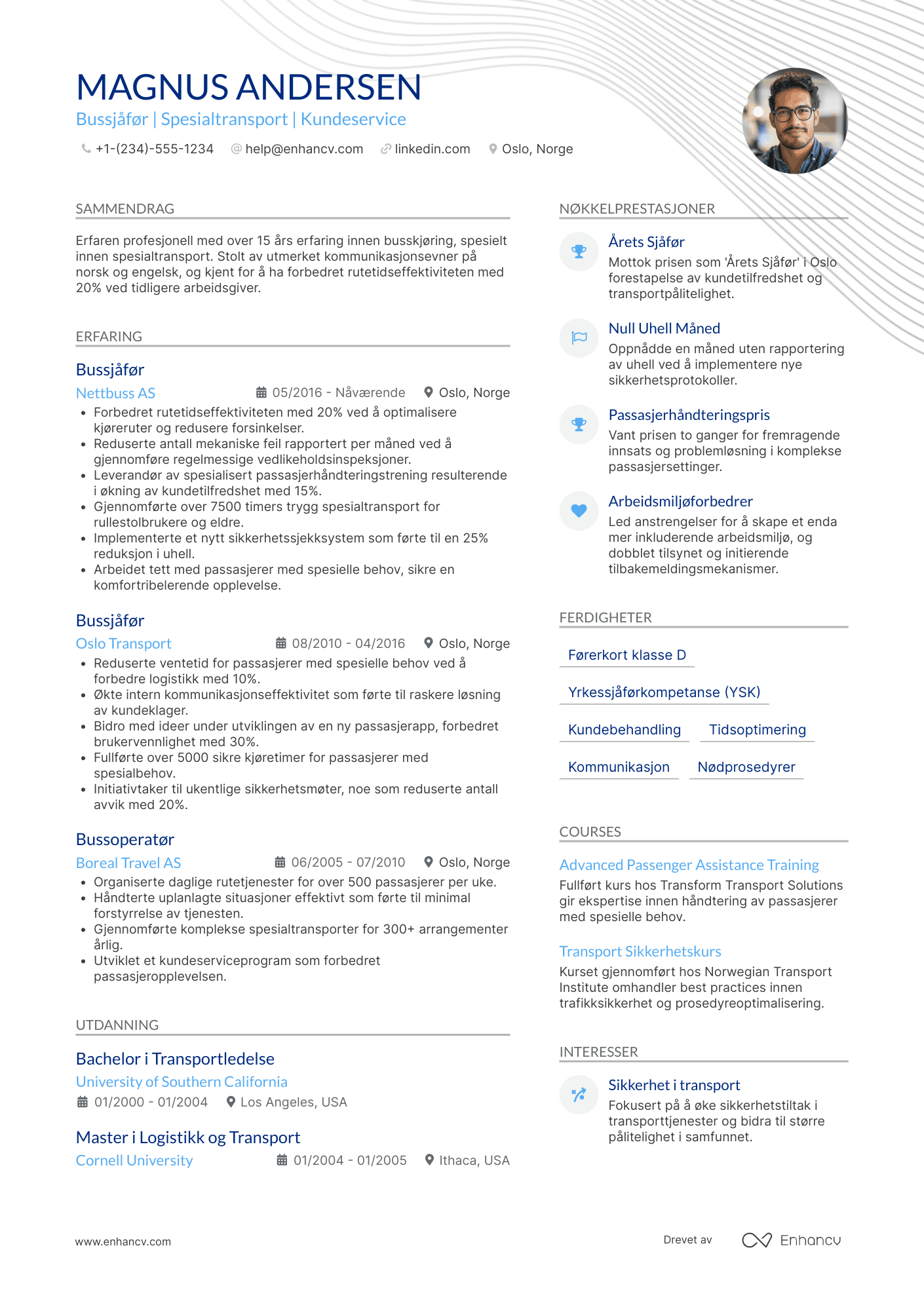CV for Bussjåfør med spesialtransport Resume Example