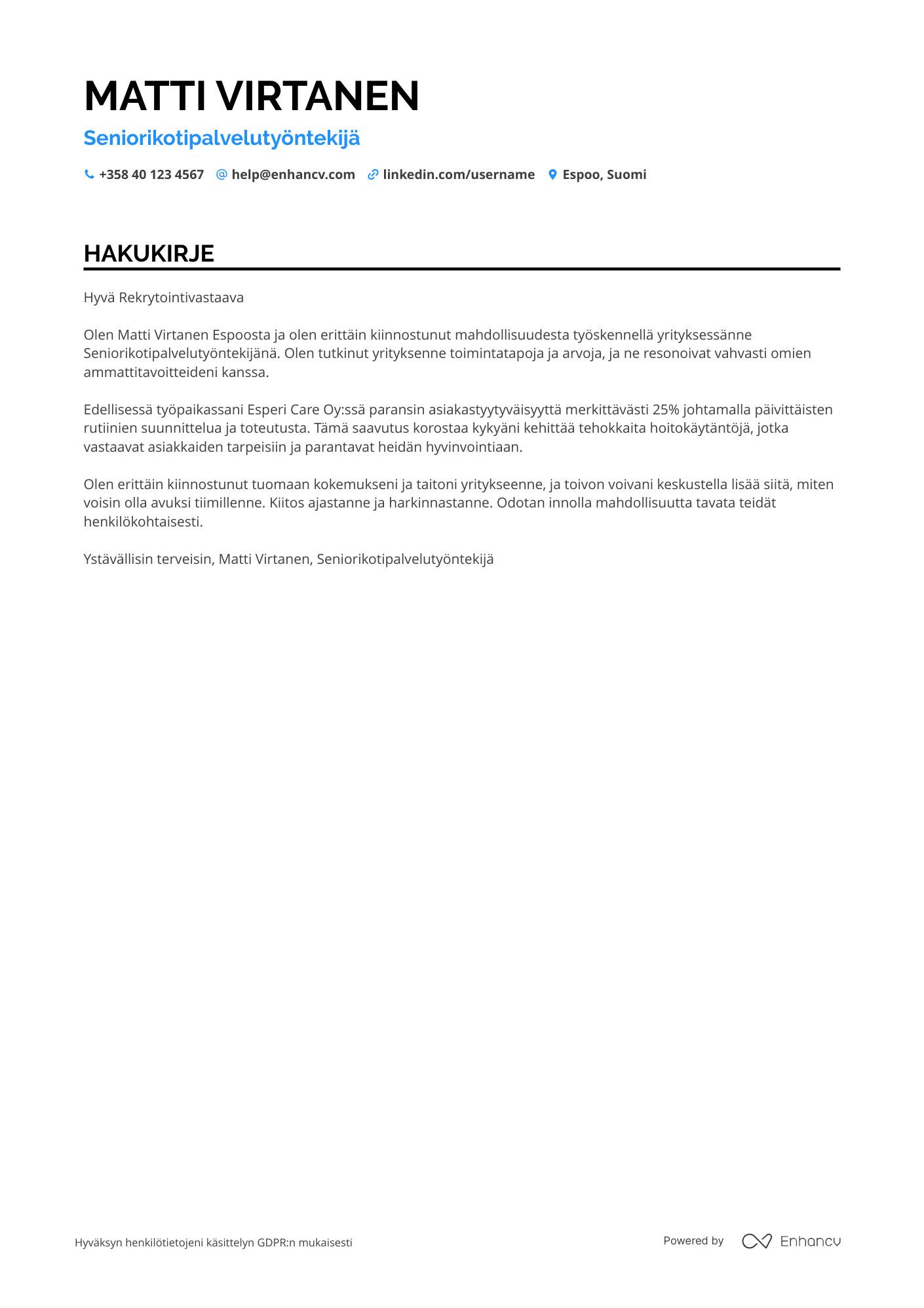 Hakukirje Seniorikotipalvelutyöntekijä Resume Example