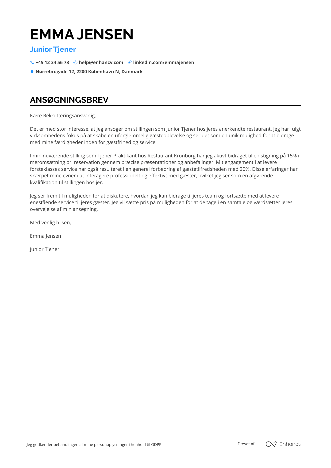 Ansøgningsbrev til Junior Tjener Resume Example