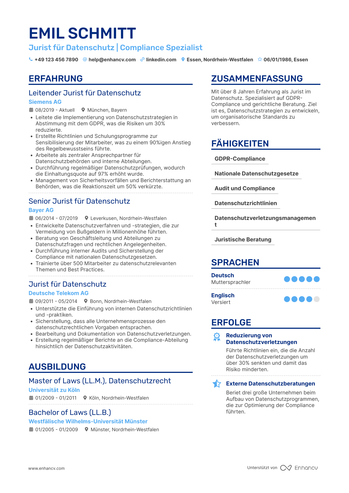 Lebenslauf als Jurist für Datenschutz Resume Example