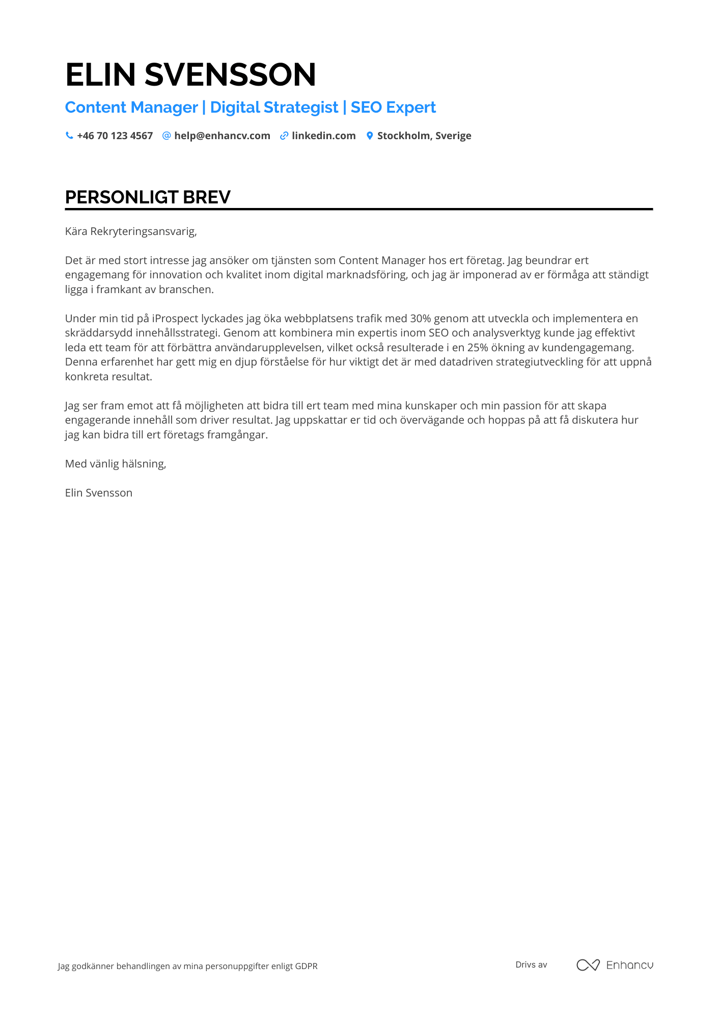 Personligt brev för Content Manager Digital Marknadsförare Resume Example