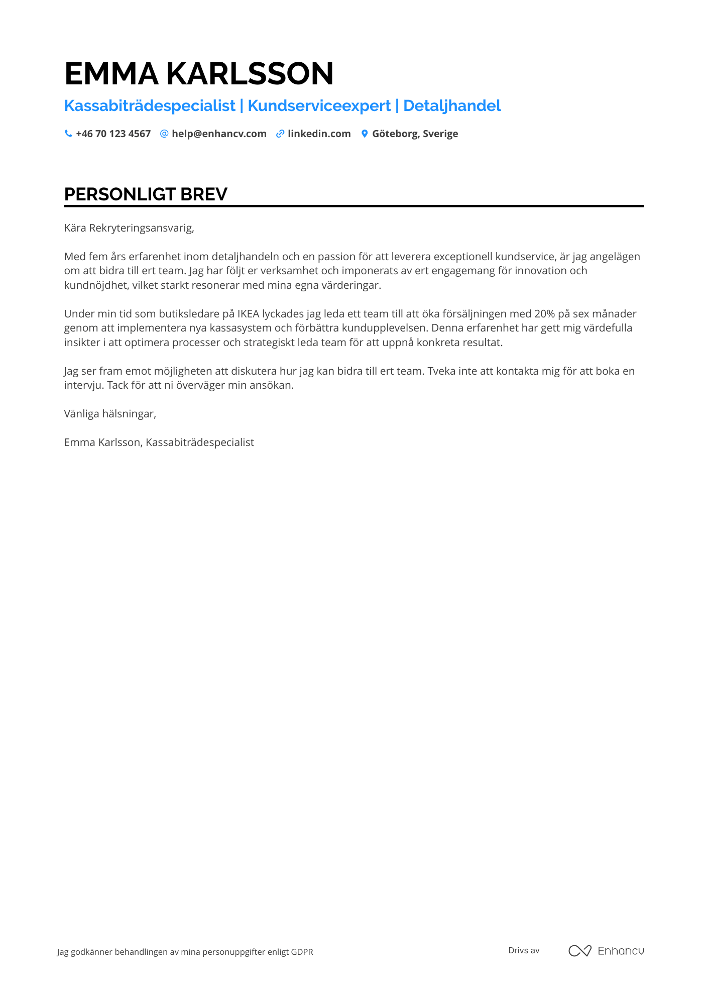 Personligt brev för Kassabiträdespecialist Resume Example