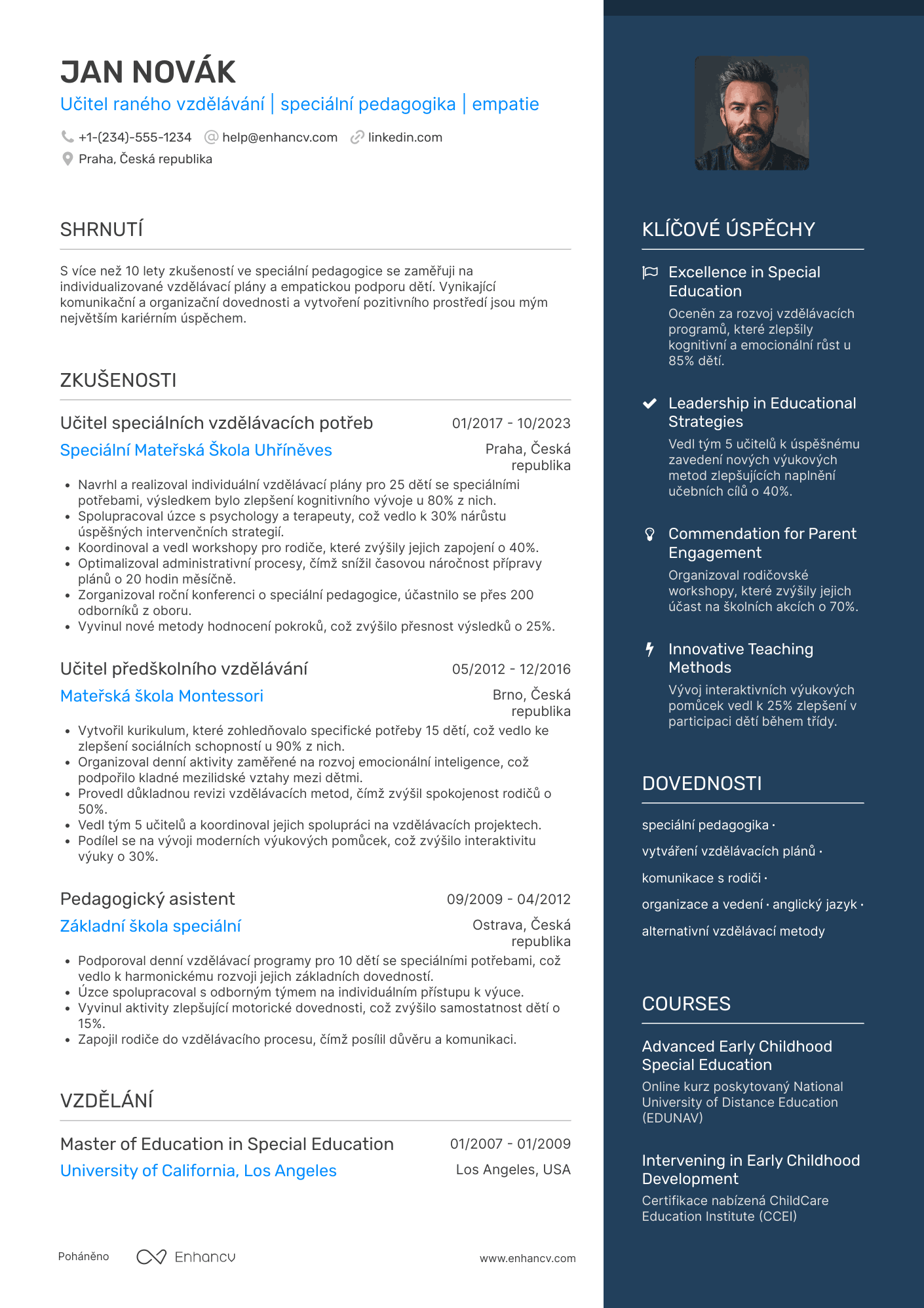 Životopis pro Učitelka raného vzdělávání pro speciální potřeby Resume Example