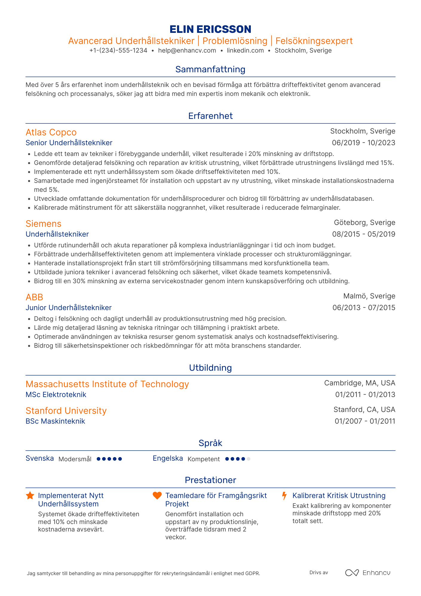 CV för Avancerad Underhållstekniker Resume Example
