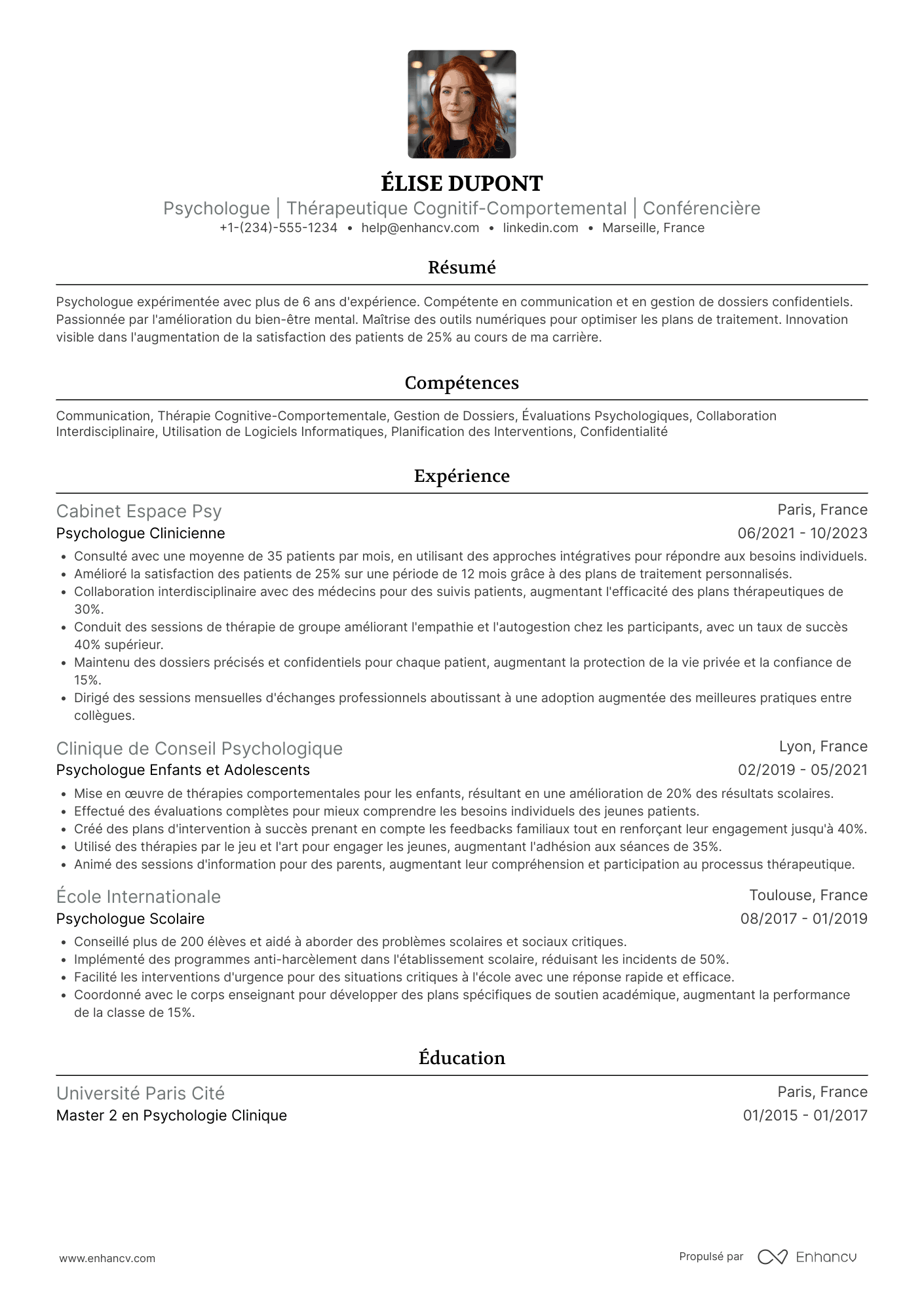 CV de psychologue libéral Resume Example