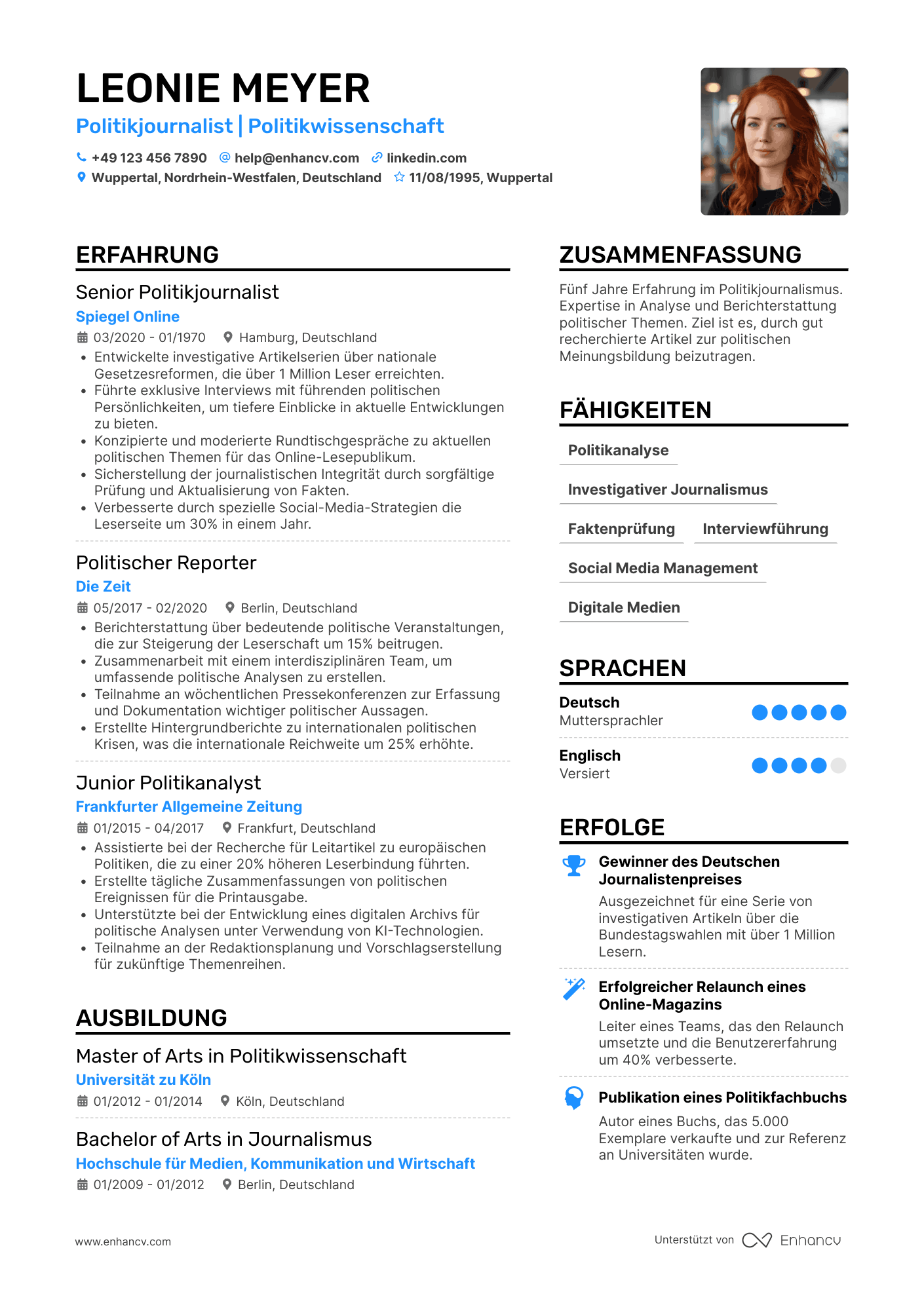 Lebenslauf als Politikjournalist Resume Example