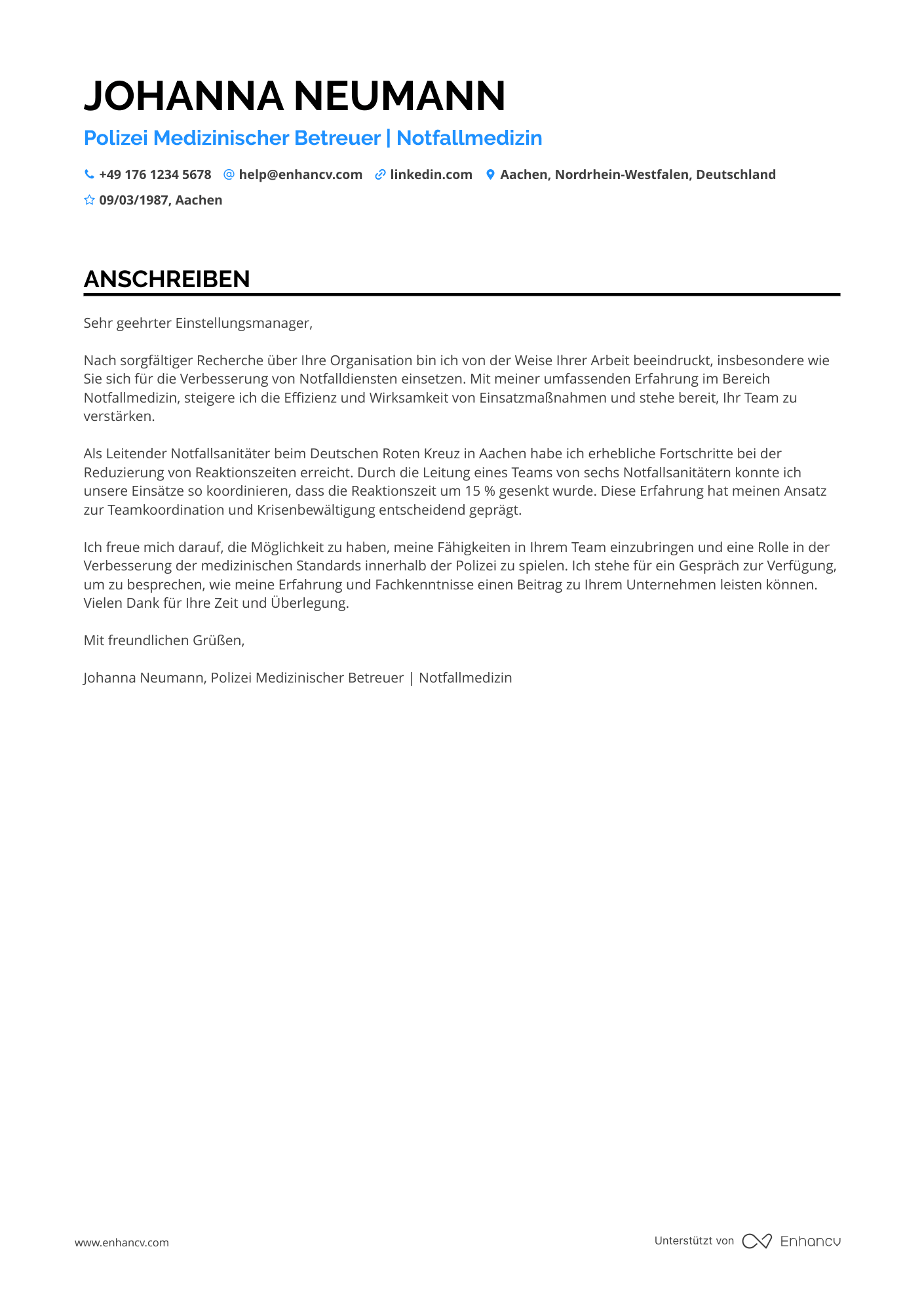 Polizei Medizinischer Betreuer Resume Example