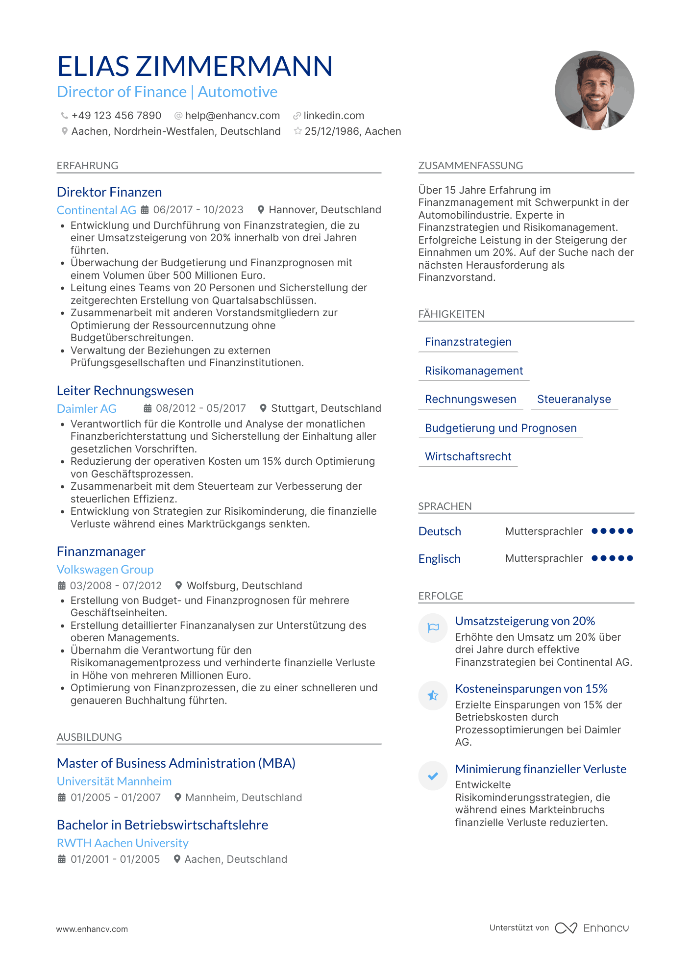 Lebenslauf in Finanzvorstand in der Automobilindustrie Resume Example