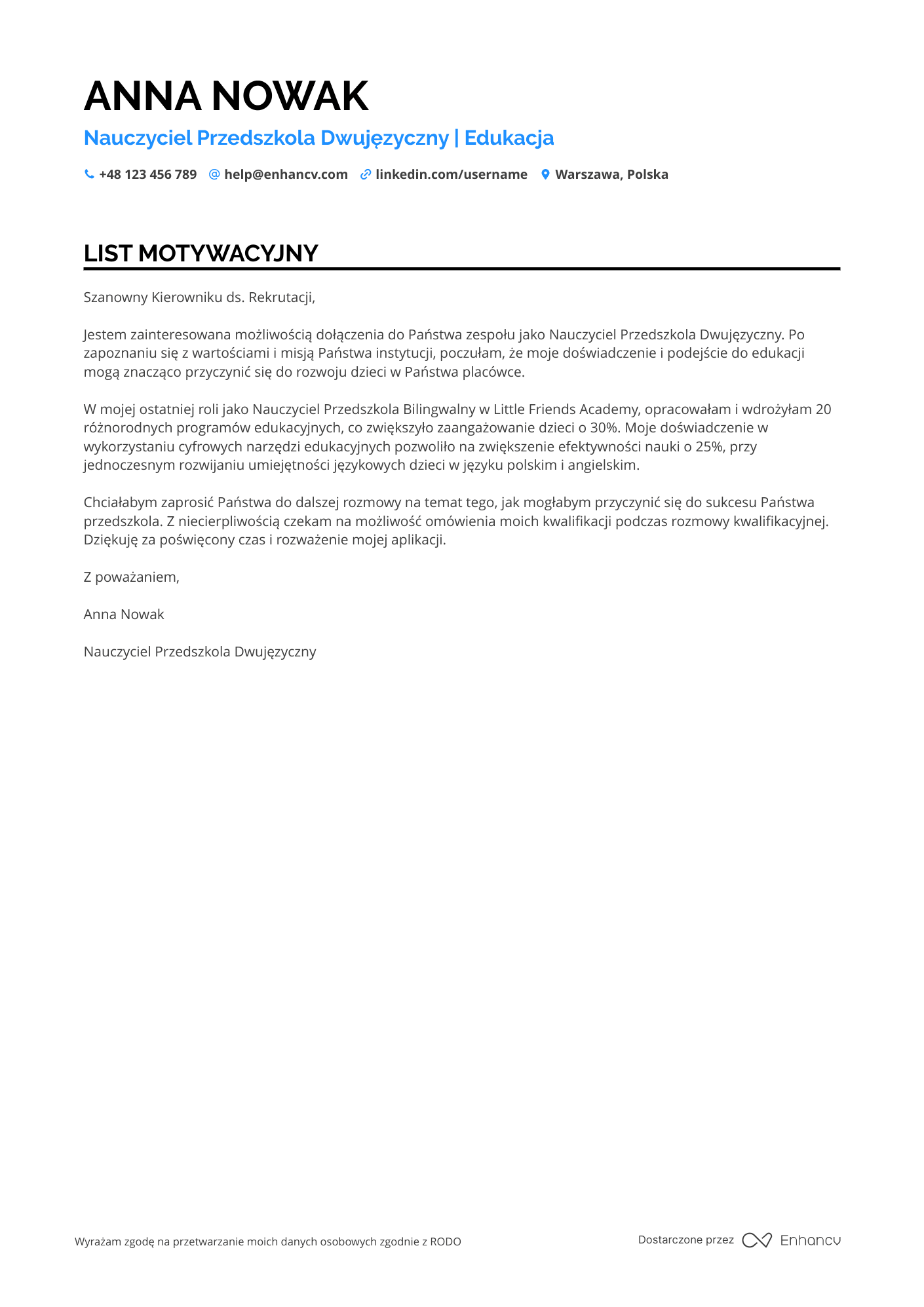 List motywacyjny dla Nauczyciel Przedszkola Dwujęzyczny Resume Example