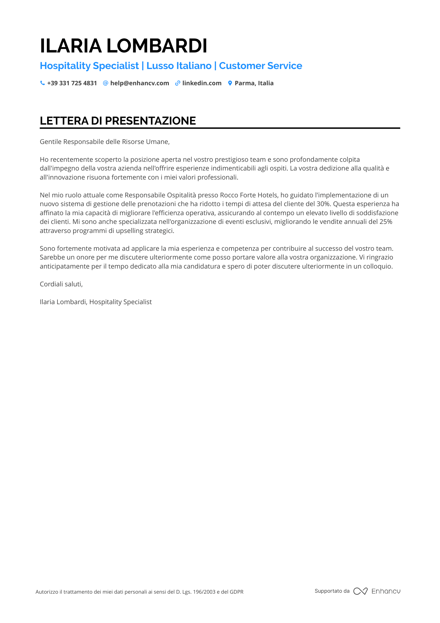 Hostess di Crociera Resume Example