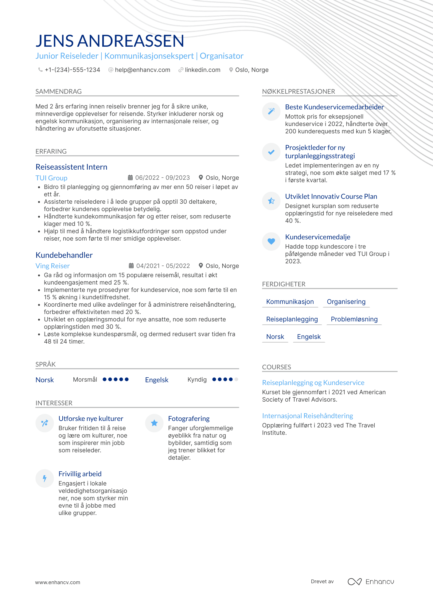 CV for Junior Reiseleder Resume Example
