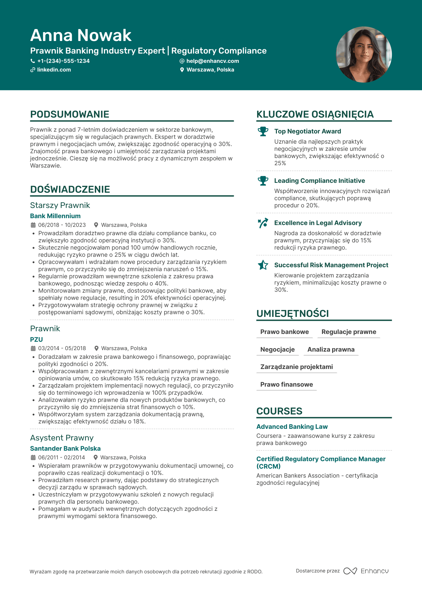 CV dla Prawnik Sektora Bankowego Resume Example