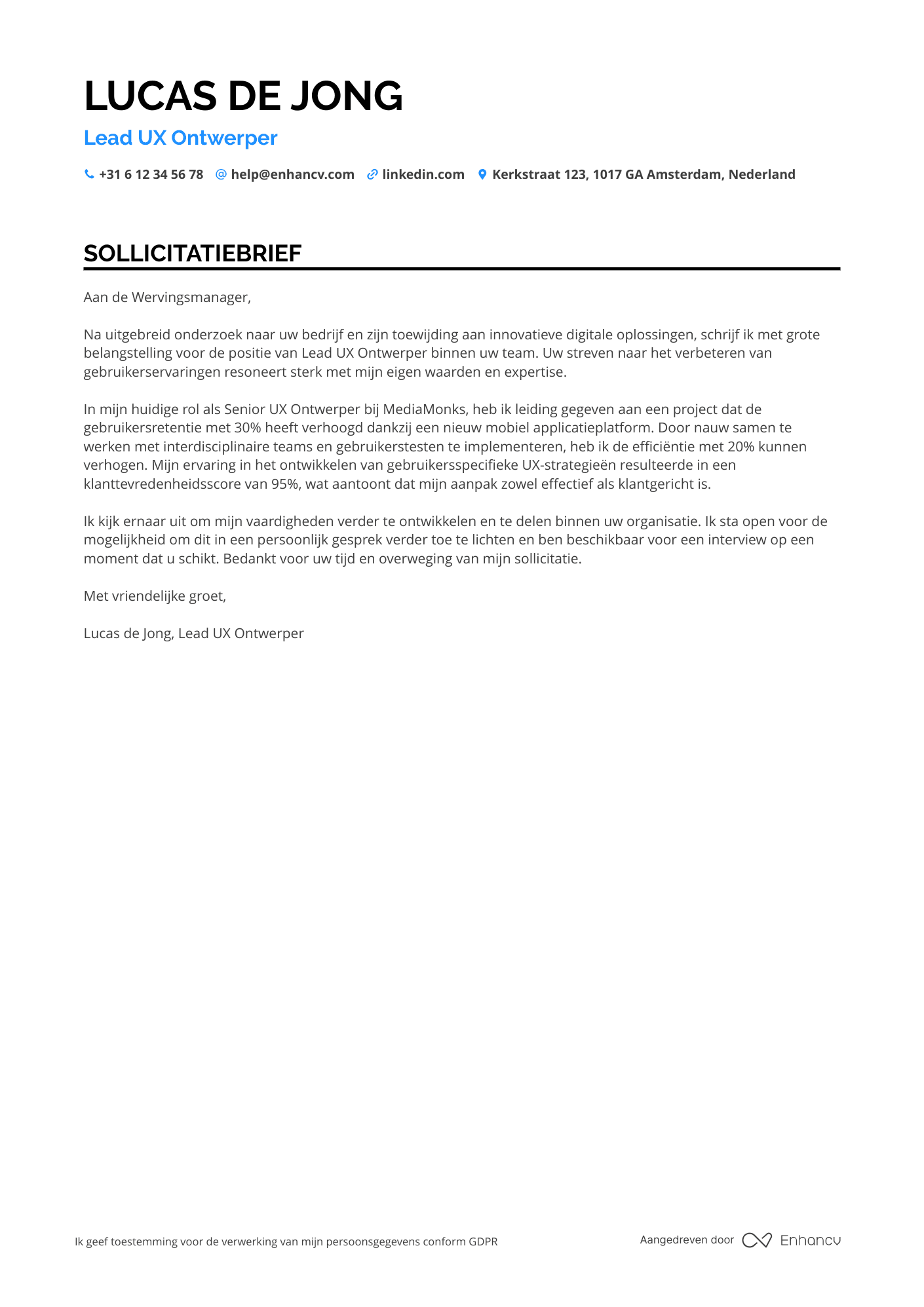 Sollicitatiebrief voor Lead UX Ontwerper Resume Example