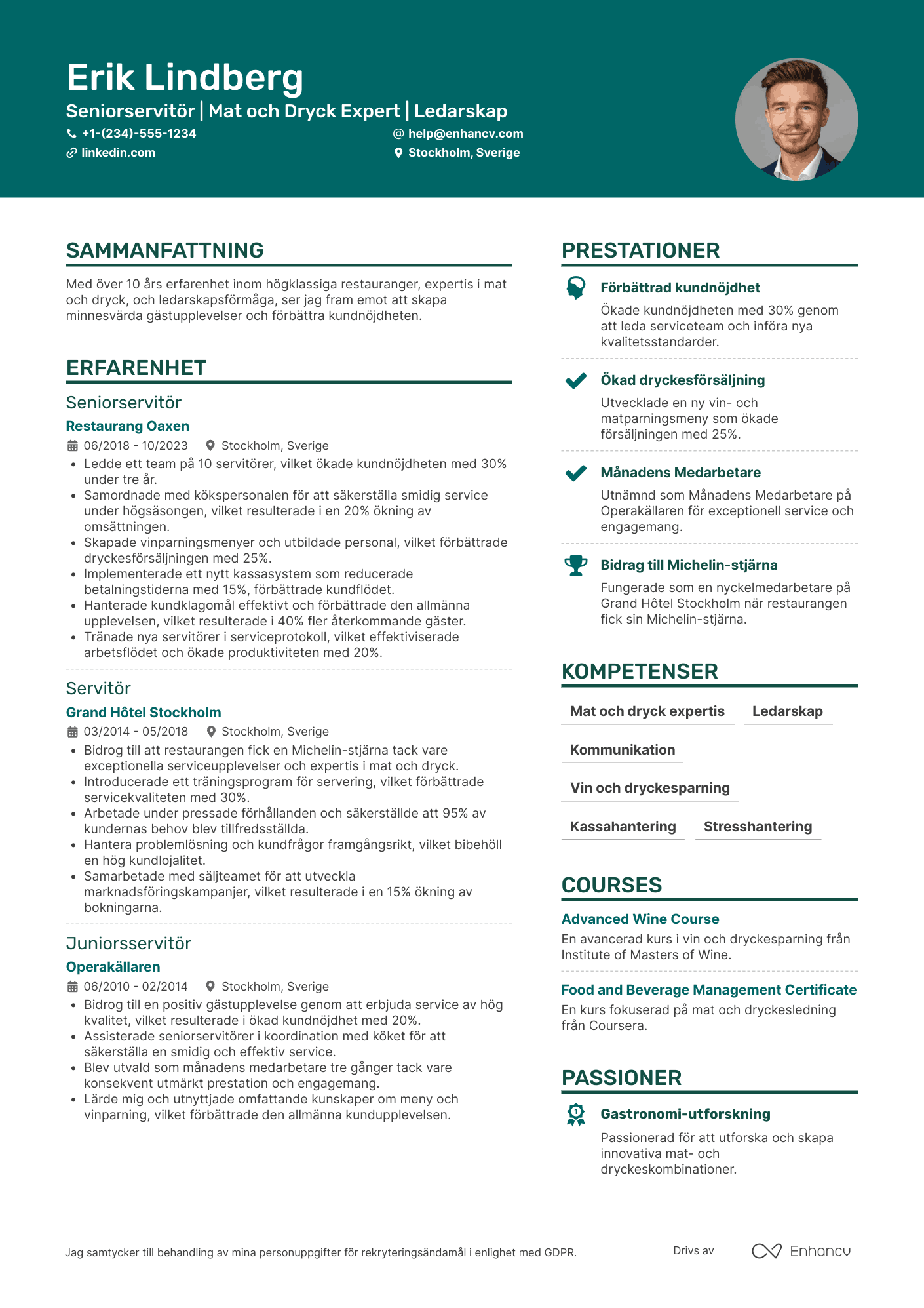CV för Seniorservitör Resume Example