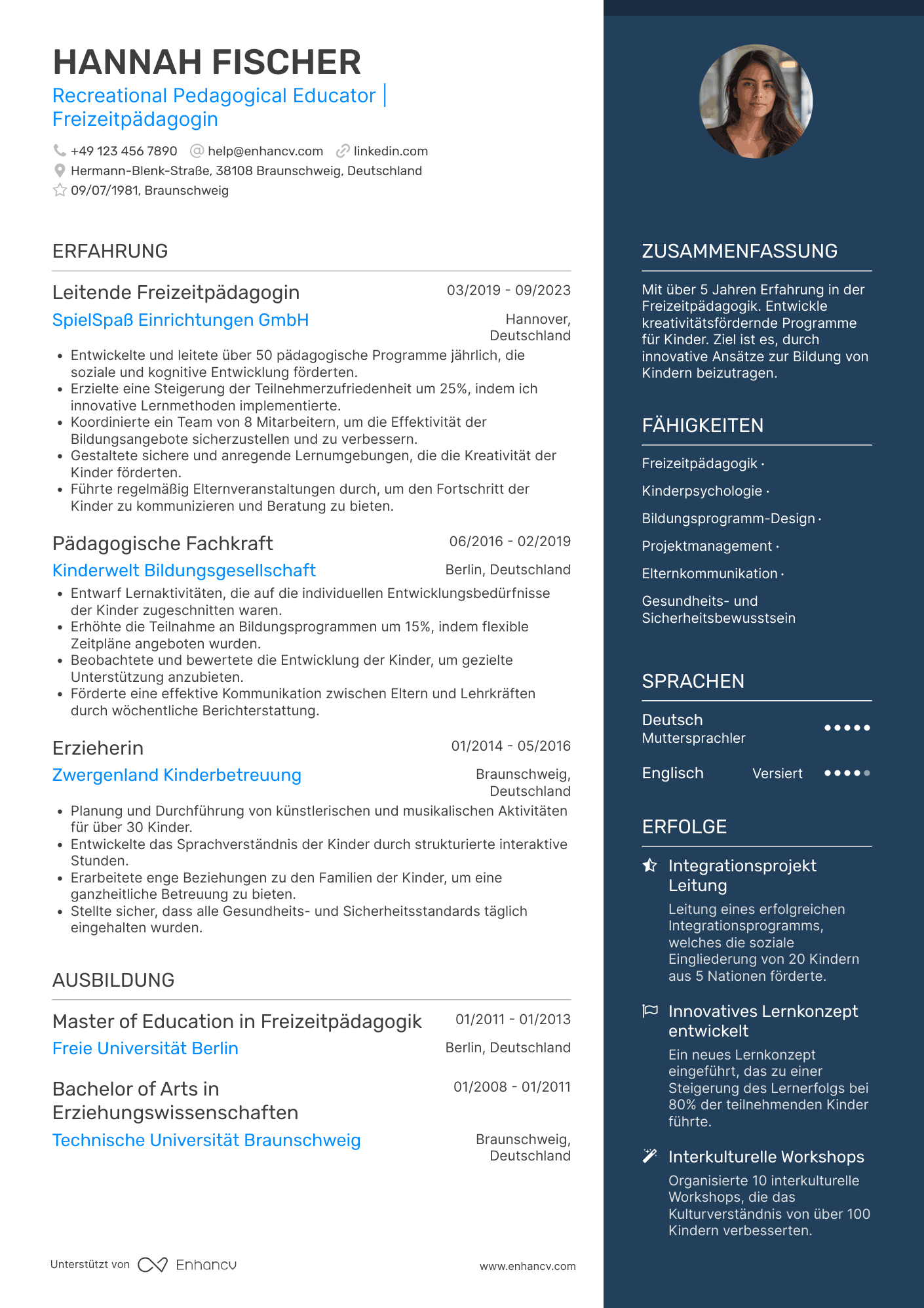 Lebenslauf als Freizeitpädagogische Erzieherin Resume Example