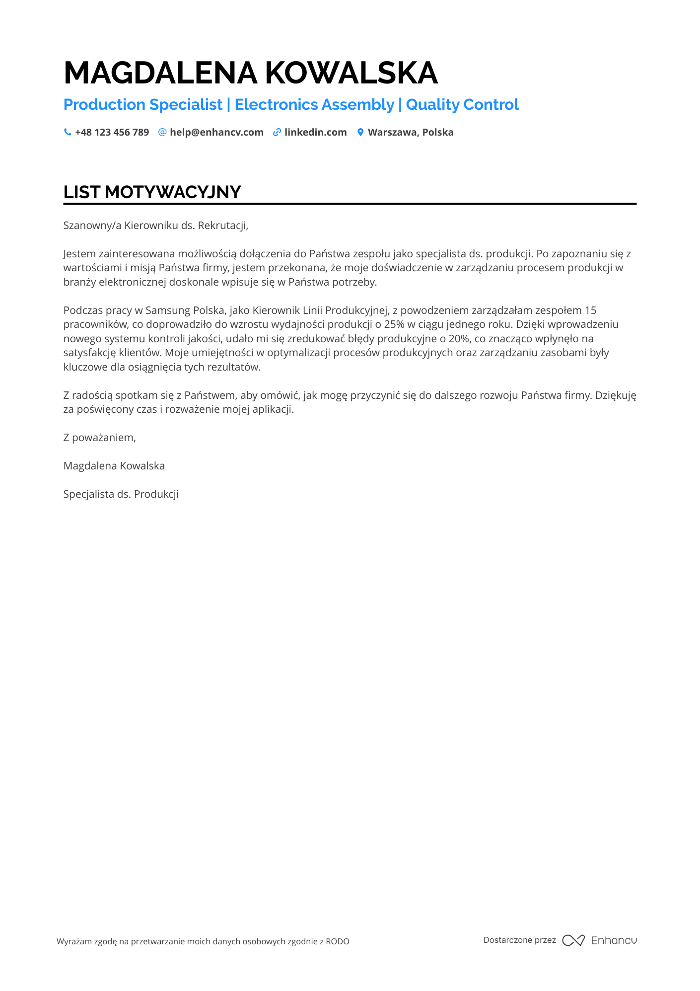 List motywacyjny dla Pracownik Produkcji Produkcja Elektroniki Resume Example