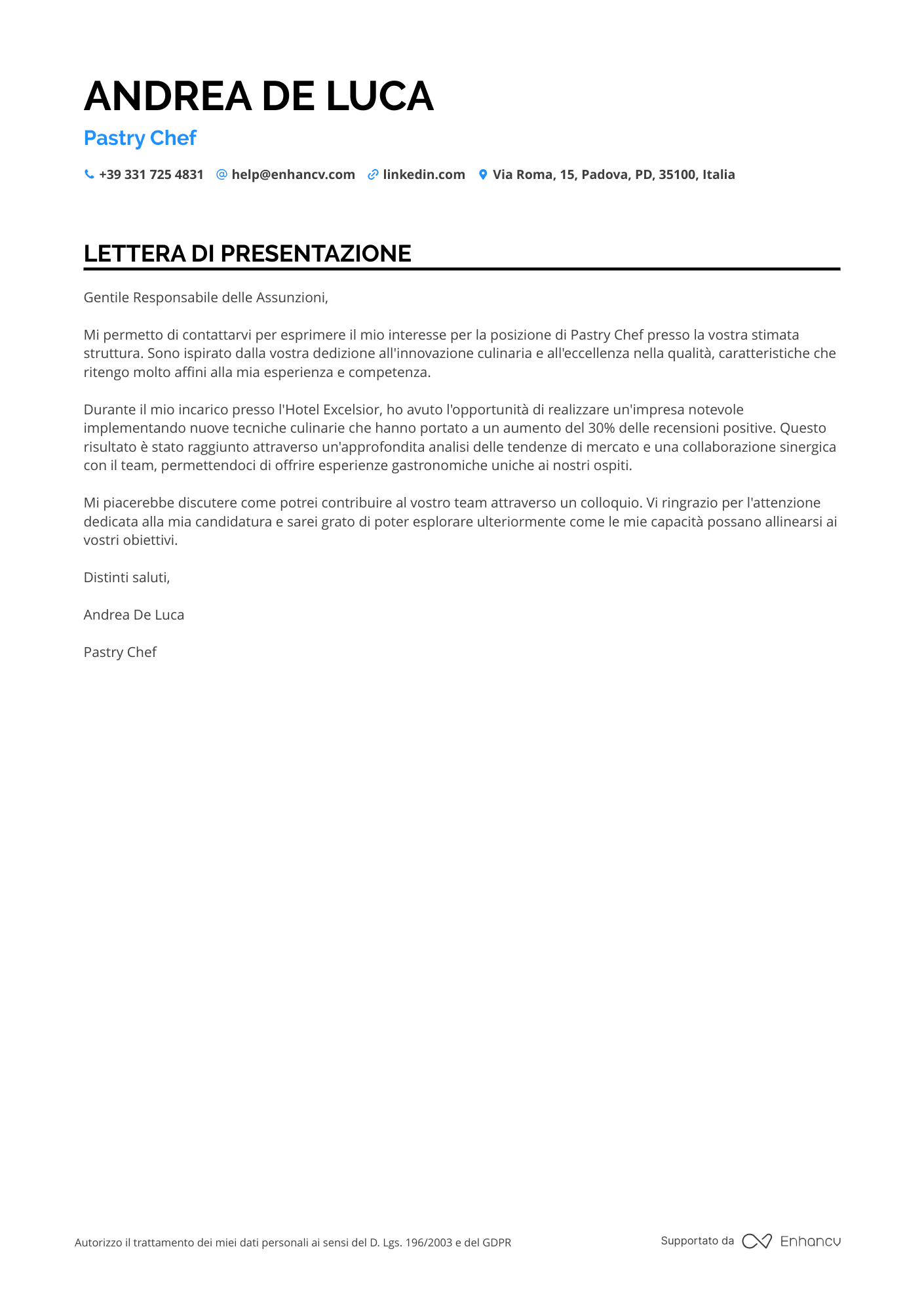 Chef Pasticcere Resume Example