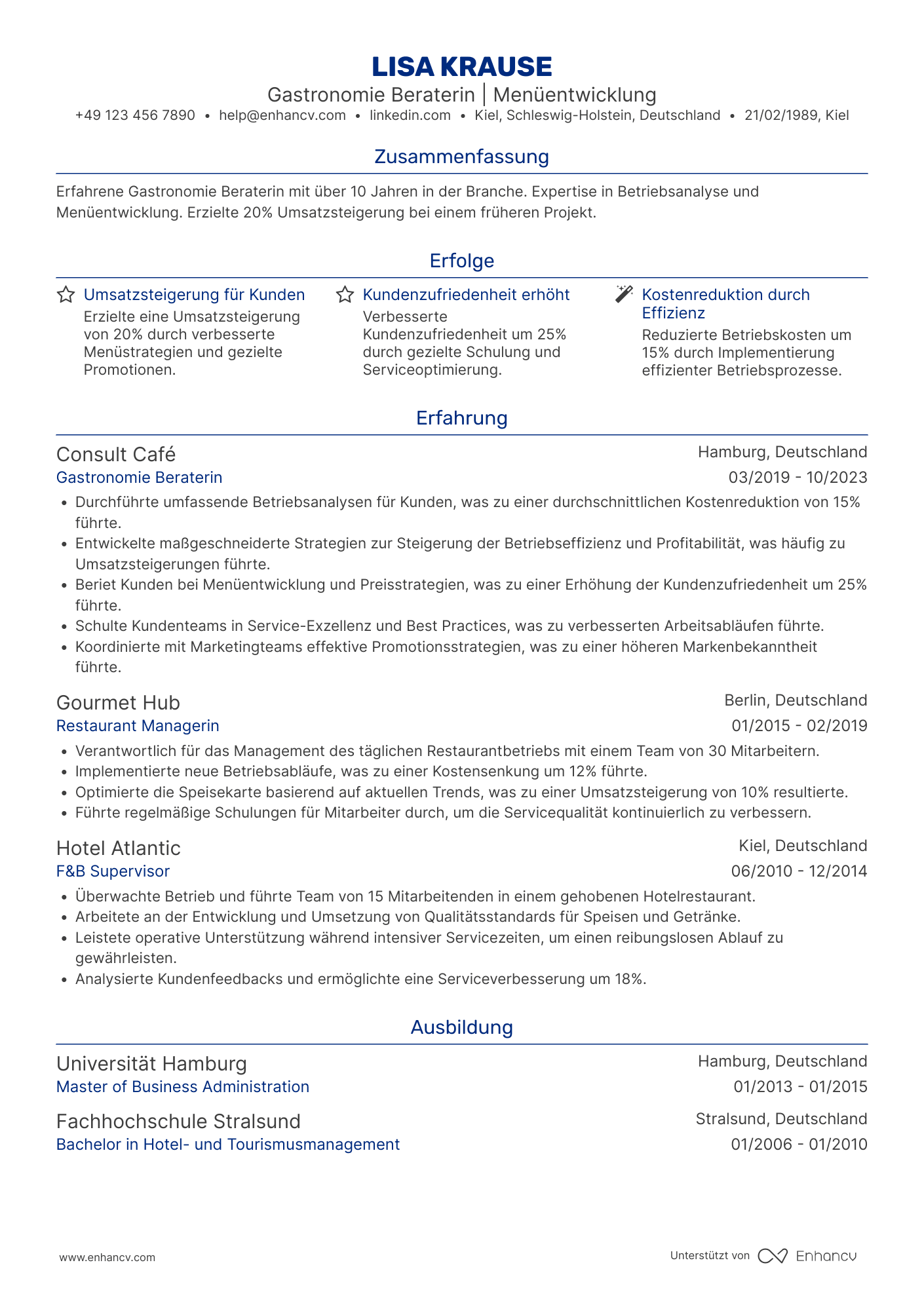 Lebenslauf als Gastronomie Berater Resume Example