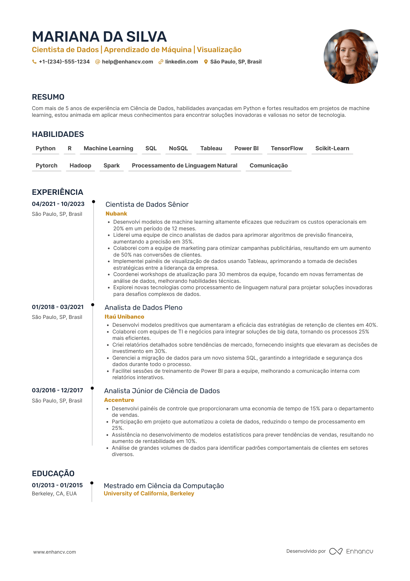 Currículo de cientista de dados com experiência Resume Example