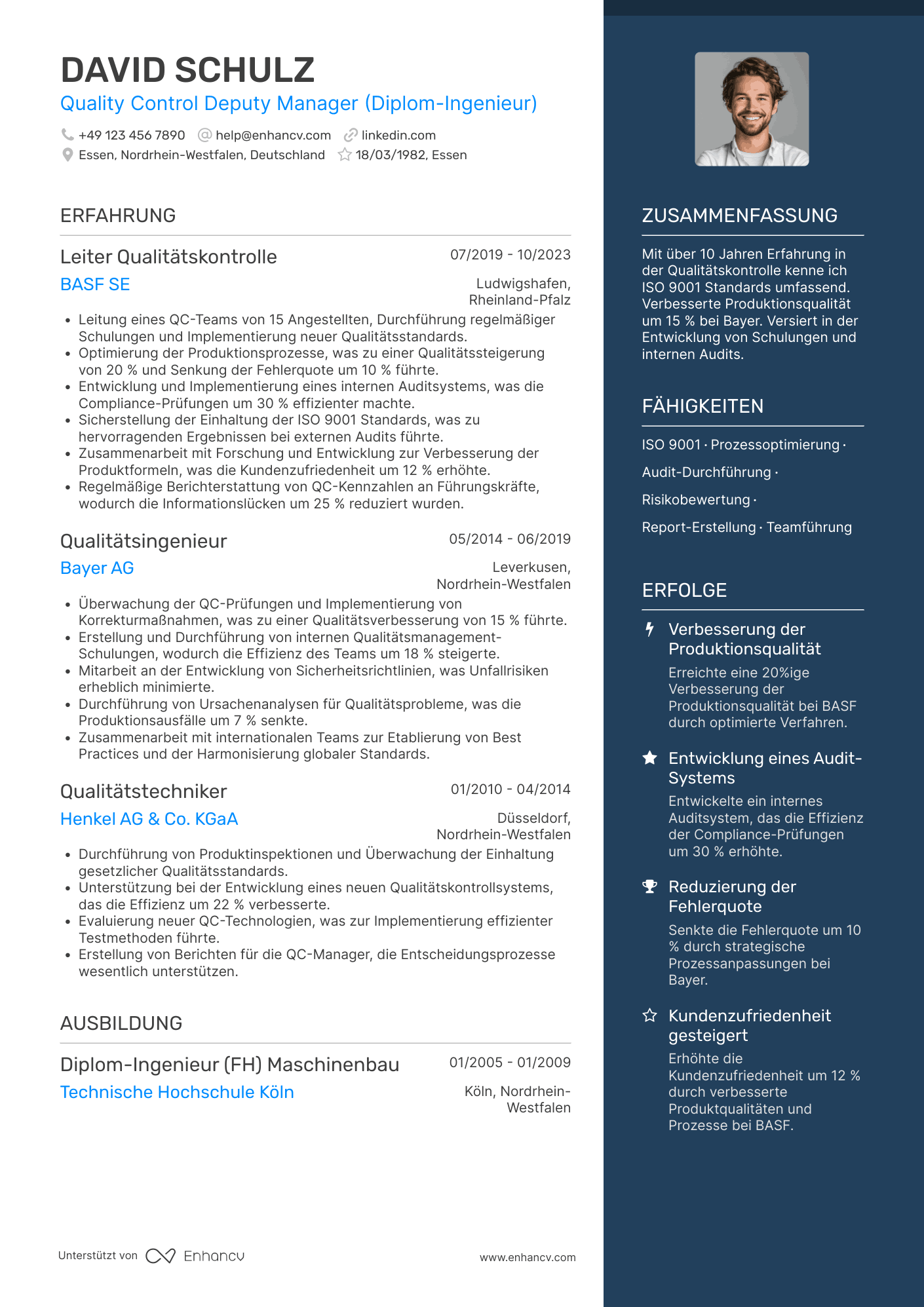 Lebenslauf als Stellvertretender Manager für Qualitätskontrolle Resume Example