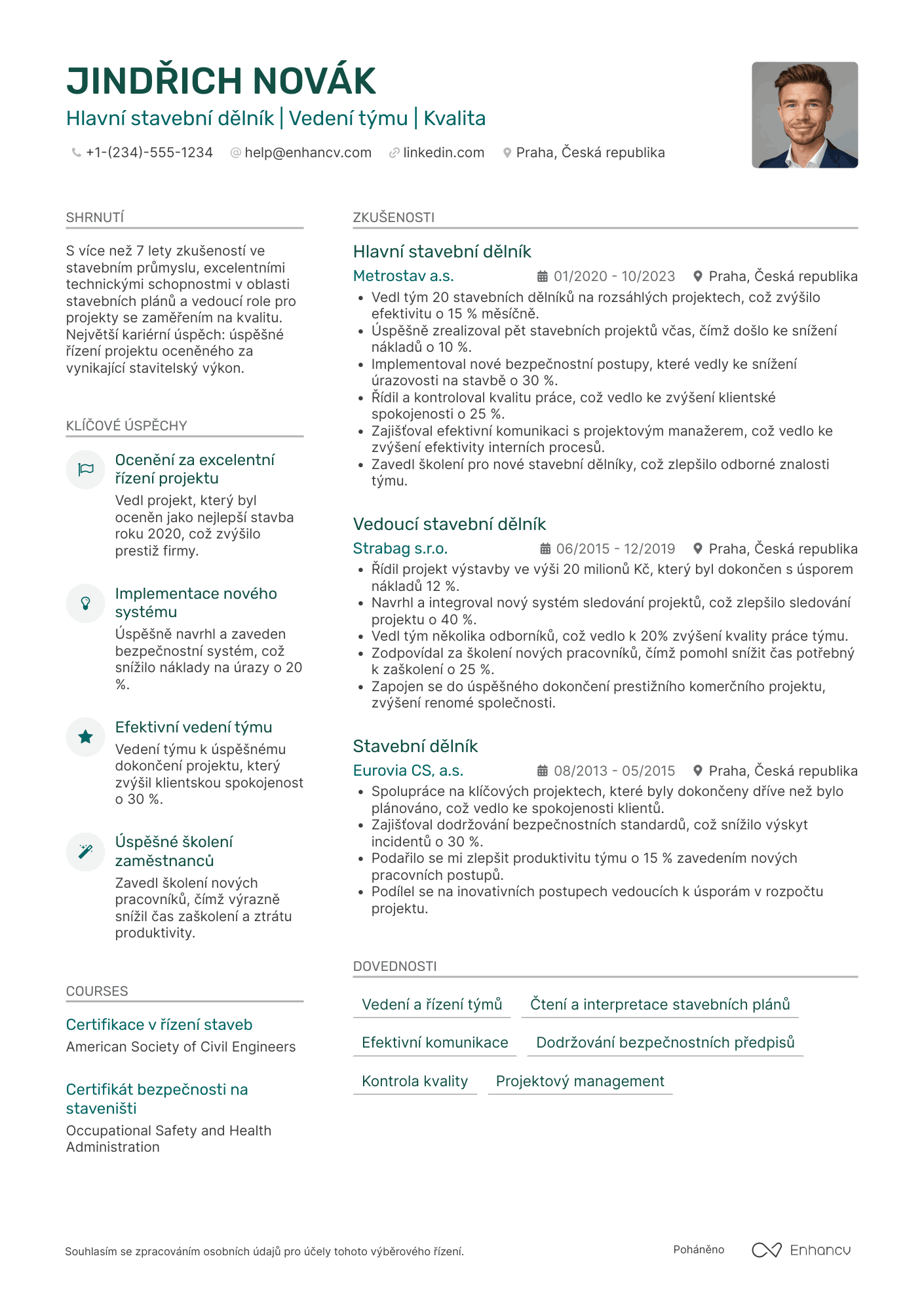 Životopis pro Hlavní stavební dělník Resume Example