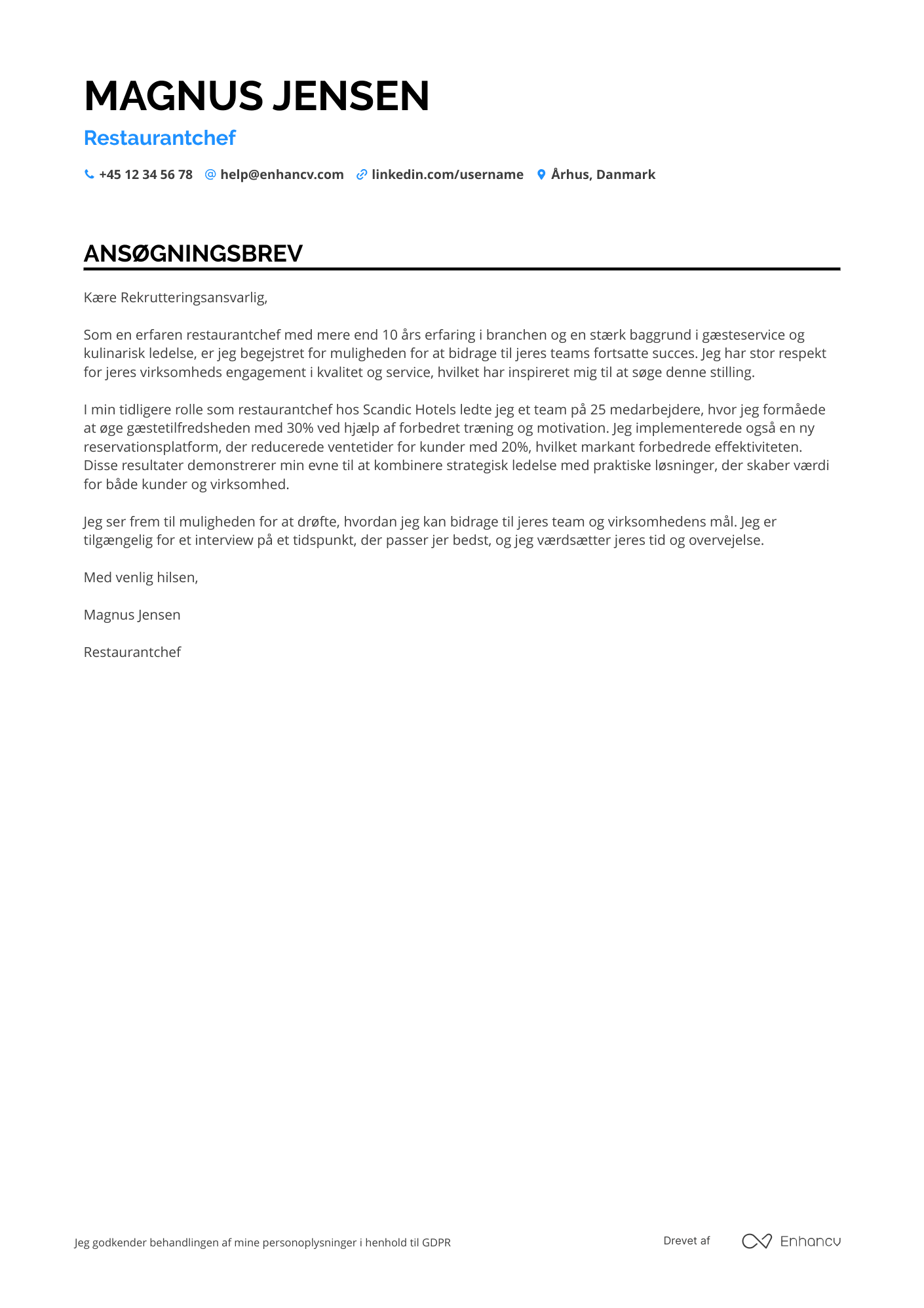Ansøgningsbrev til Restaurantchef i hotelbranchen Resume Example
