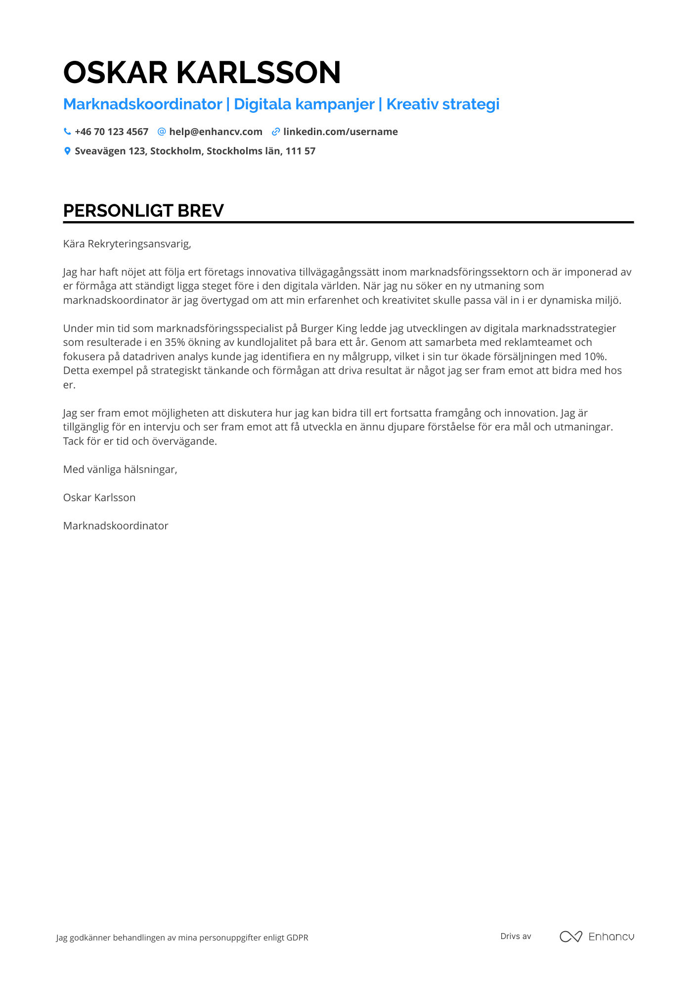 Personligt brev för McDonald's Marknadskoordinator Resume Example
