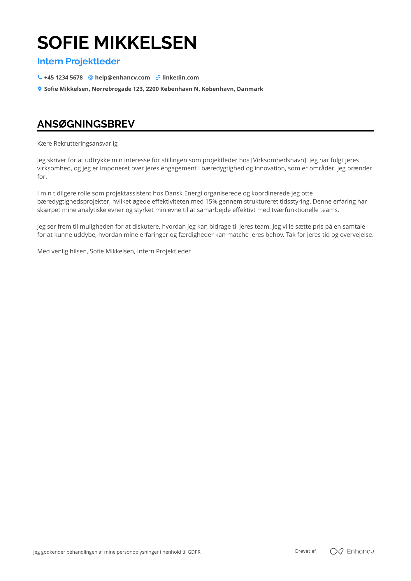 Ansøgningsbrev til Intern Projektleder Resume Example