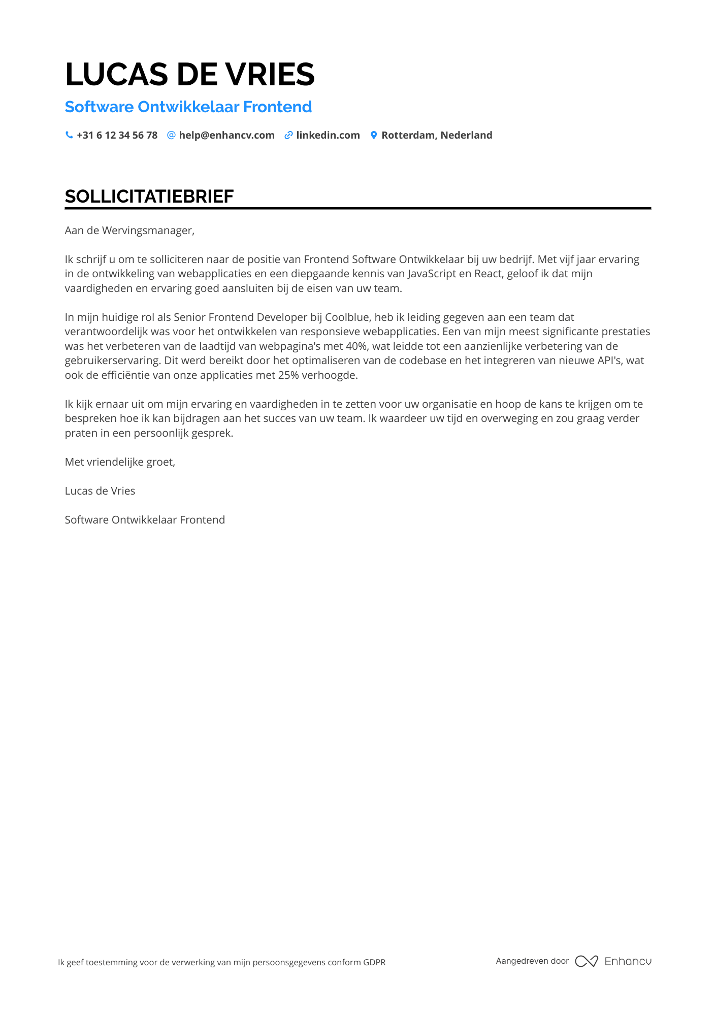 Sollicitatiebrief voor Software Ontwikkelaar Frontend Resume Example