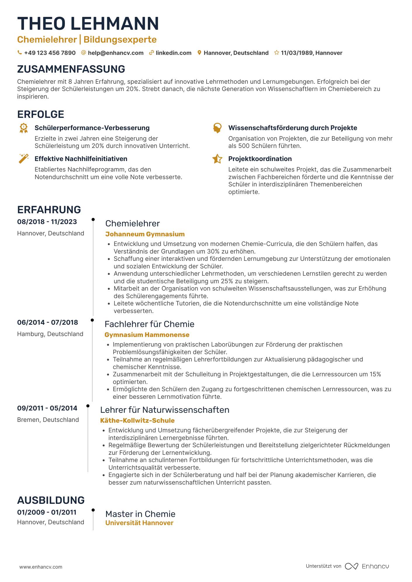 Lebenslauf als Chemielehrer Resume Example